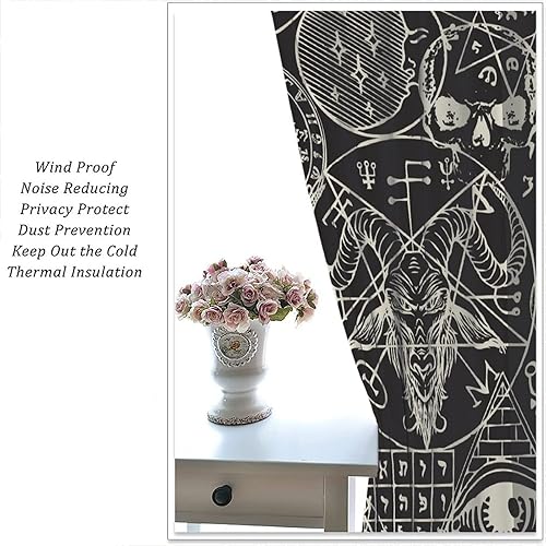 Vista 490 de Cortinas de cabeza de cabra, misteriosa cabeza de cabra malvada, calavera negra, bolsillo para barra, cortinas opacas para ventana, juego de 2