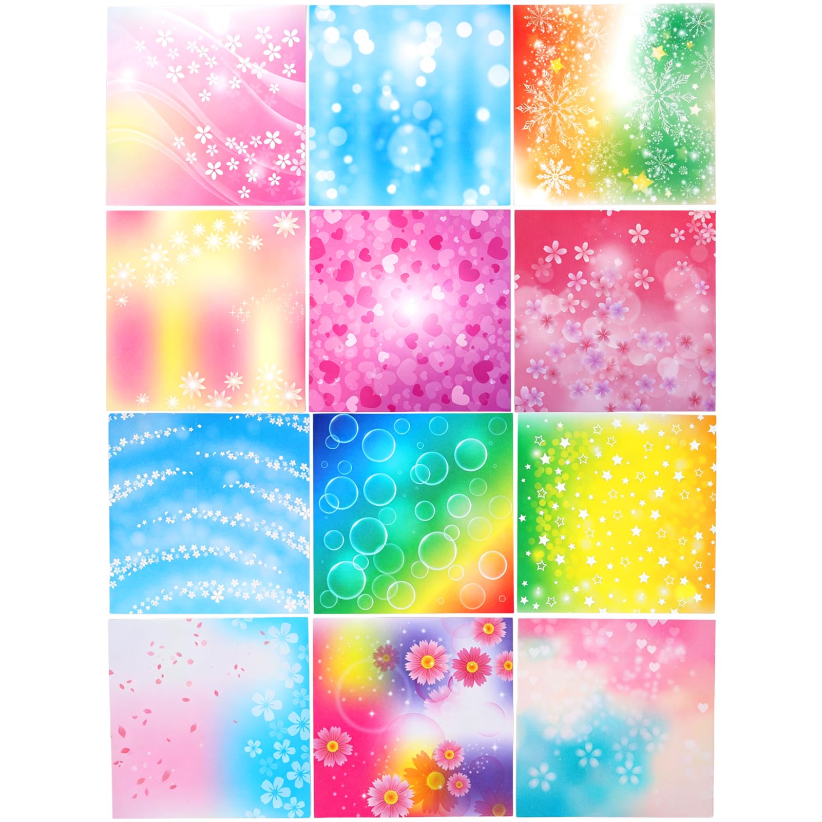 Origami Papier 100 Blatt 15x15 cm – Doppelseitiges farbiges Faltpapier mit 12 Mustern (Sterne, Blumen, Herzen) – Für Basteln, Dekoration, Scrapbooking – Umweltfreundlich