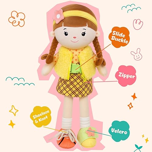 Miniatura 3 de Muñeca de trapo de felpa suave, regalo para niñas, amiga de peluche con hermoso vestido para niños pequeños, cumpleaños, en vestido amarillo, 16