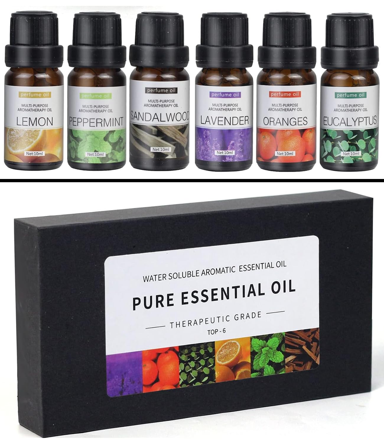 Pure Essential Oil Set, Therapeutic Grade Water Soluble Aromatherapy Oils, Sandalwood, Orange, Lavender, Eucalyptus, Lemon, Peppermint, 6 x 10ml