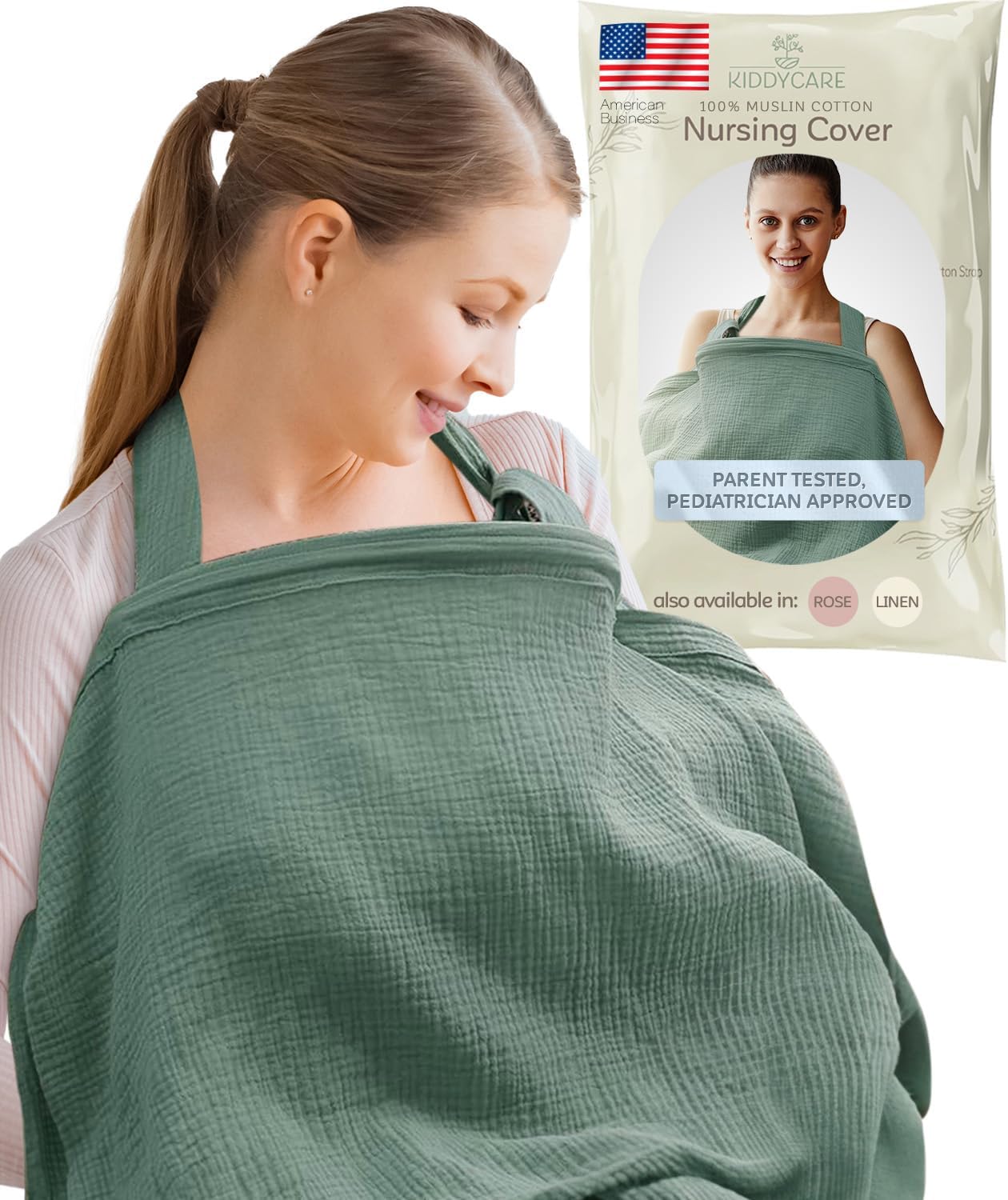 Nursing Cover, Muslin Cotton Privacy Nursing Covers, Gentle on Baby's Skin, Discreet Breastfeeding Covers for Nursing Moms, Breathable Nursing Cover Up for Breastfeeding Essentials (Basil)