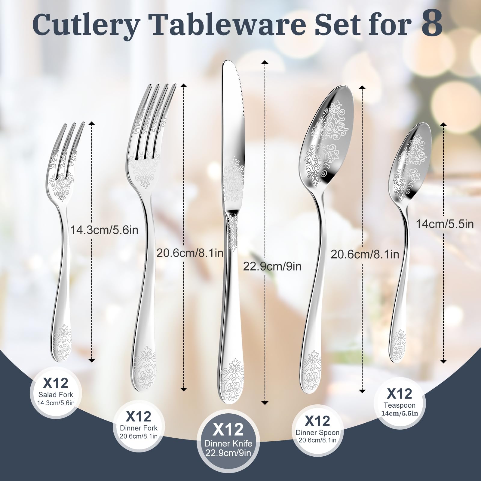 DRAGON RIOT Couvert de Table 12 Personnes - 60 Pieces Set de Couverts en Acier Inoxydable, Menagere Argent avec Couteaux à Manger, Fourchette, Petite Cuillère, Ménagère pour Le Ménage, Restaurant,Fête