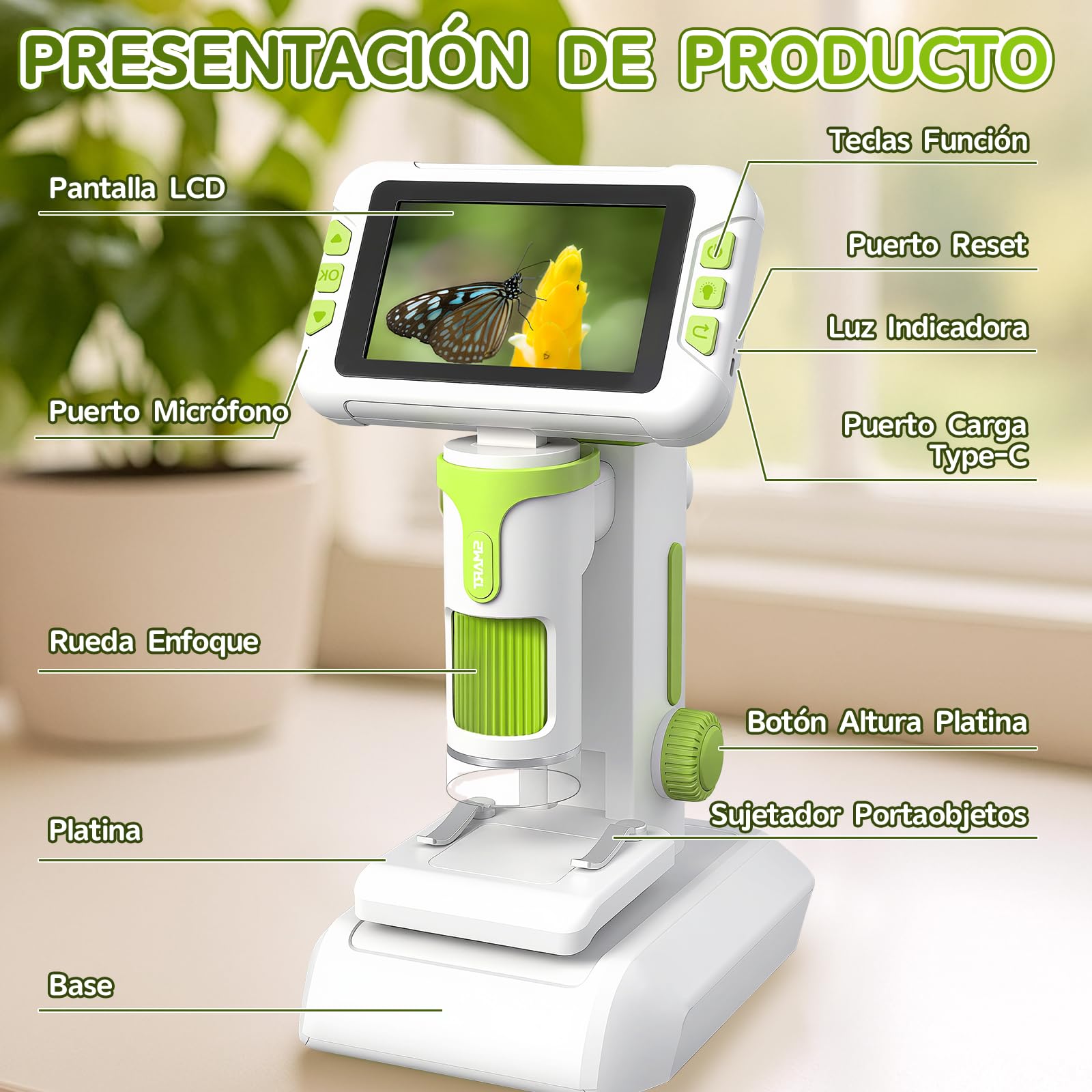 Charmofun Microscopio para Niños, Microscopio Portátil Niños con Tarjeta de Memoria de 64G, Microscopios Digital Infantil con Pantalla LCD de 4", Aumento 1600X, Fotos y Videos, Función Portátil y Fija