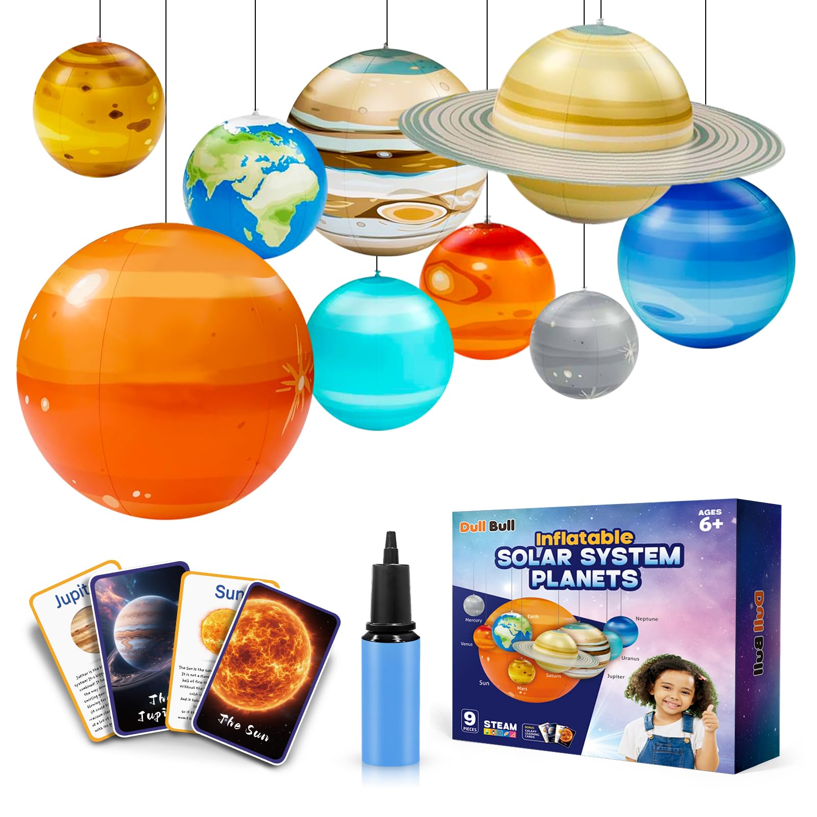 Jumbo Inflatable Solar System Set - 9 Hanging Planets Including Air Pump, Hanging String & Knowledge Cards for Children's Room, Birthday & Classroom