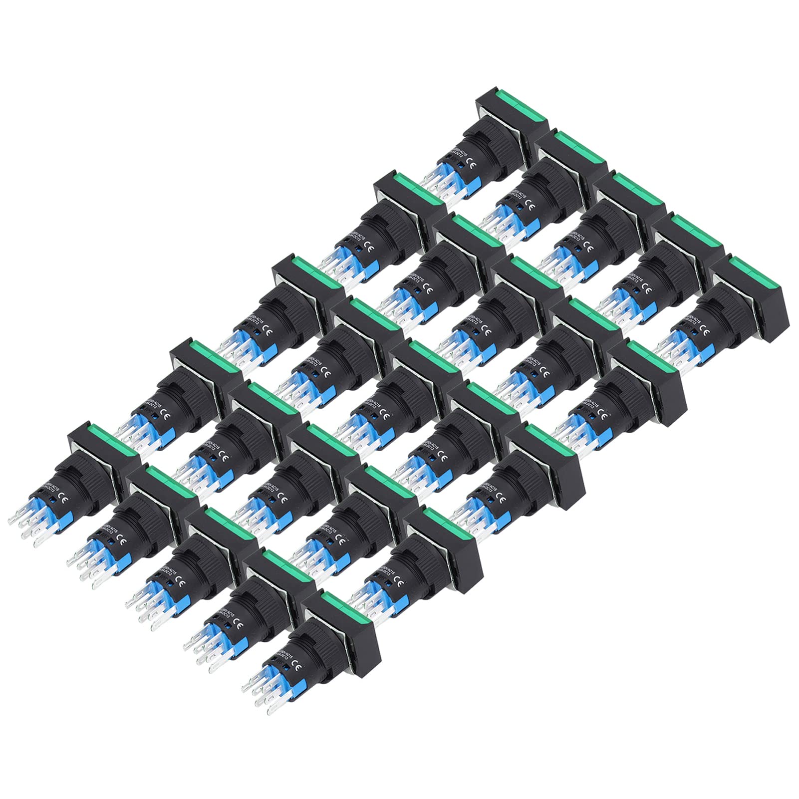25 pezzi quadrati interruttore a pulsante ABS ottone autobloccante con luce per scatola di distribuzione 16 mm 24 V(VERDE)