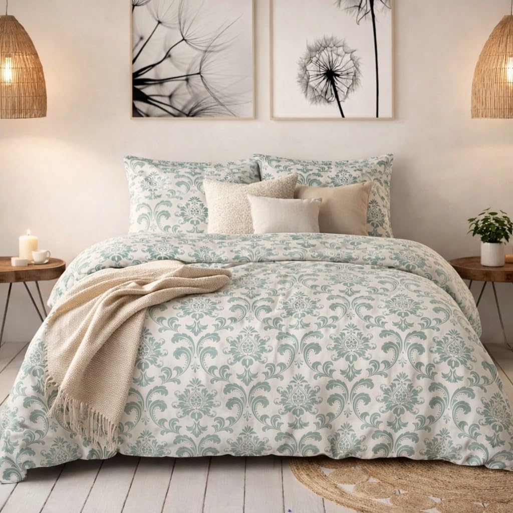 Parure de couette 220x240 cm en coton Home Linge Passion blanc et vert style classique