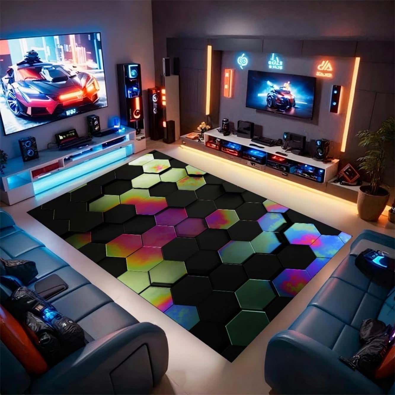 RUILBJM Gaming Rug for Boy's Bedroom Gamer,3D Vision Geometric Neon Pattern Teenager PC Gaming Room Soft Flannel Non-slip Game Floor Mat,Children's Room Cool Décor (Yellow,32 * 48 inch)