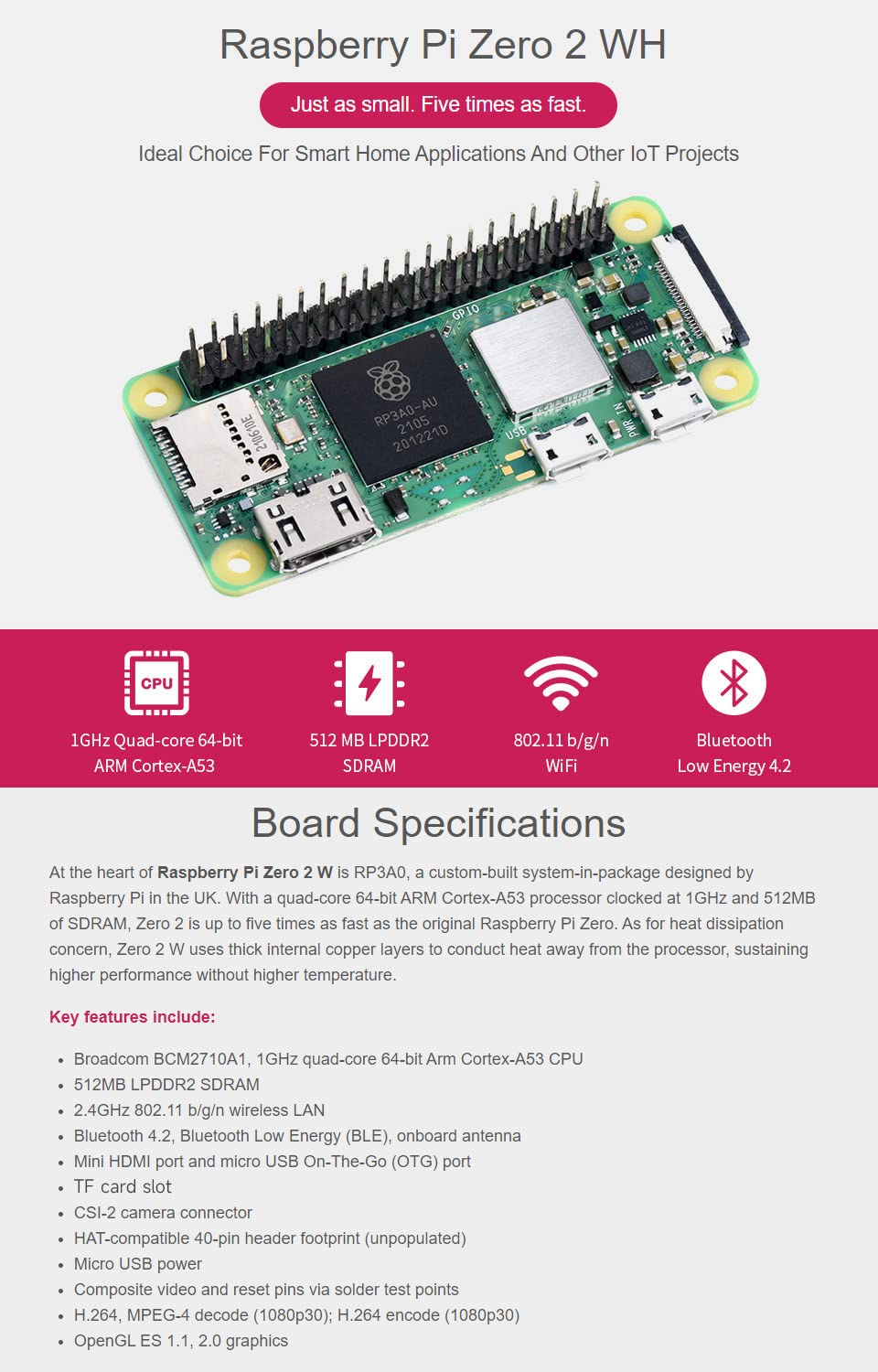 Waveshare Retrofited Raspberry Pi Zero 2 WH, 5 Times Faster 1GHz Quad-Core Arm Cortex-A53 CPU with WiFi Bluetooth 4.2 BLE with Pre-Solder Black Pinheader