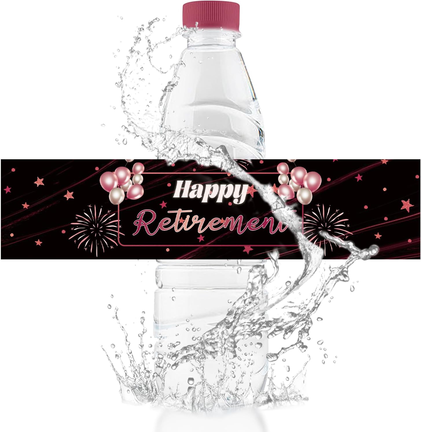 Pink Retirement Water Bottle Label, 50 Pcs Glossy Waterproof Wrapper Wraparound Rectangle Label Happy Retirement Sticker for Retired Party
