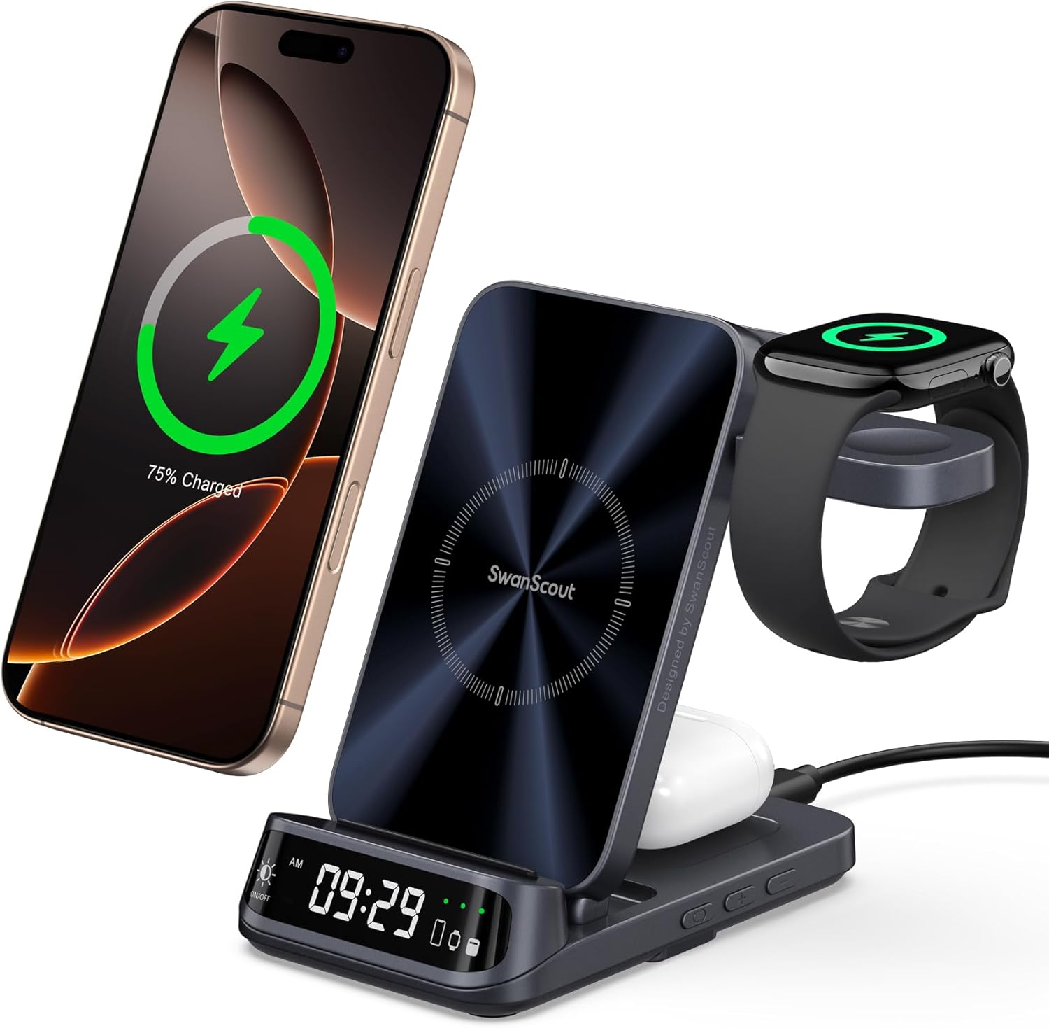 Wireless Charger for iPhone, SwanScout 708A, 3 in 1 Charging Station for Apple Watch 10/9/8/7/6, Ultra 2/Ultra, for AirPods 4/Pro 2/Pro/3, for iPhone 16/15/14/13/12 Series (NO Adapter) Wireless Charger for iPhone, SwanScout 708A, 3 in 1 Charging Station for Apple Watch 10/9/8/7/6, Ultra 2/Ultra, for AirPods 4/Pro 2/Pro/3, for iPhone 16/15/14/13/12 Series (NO Adapter)