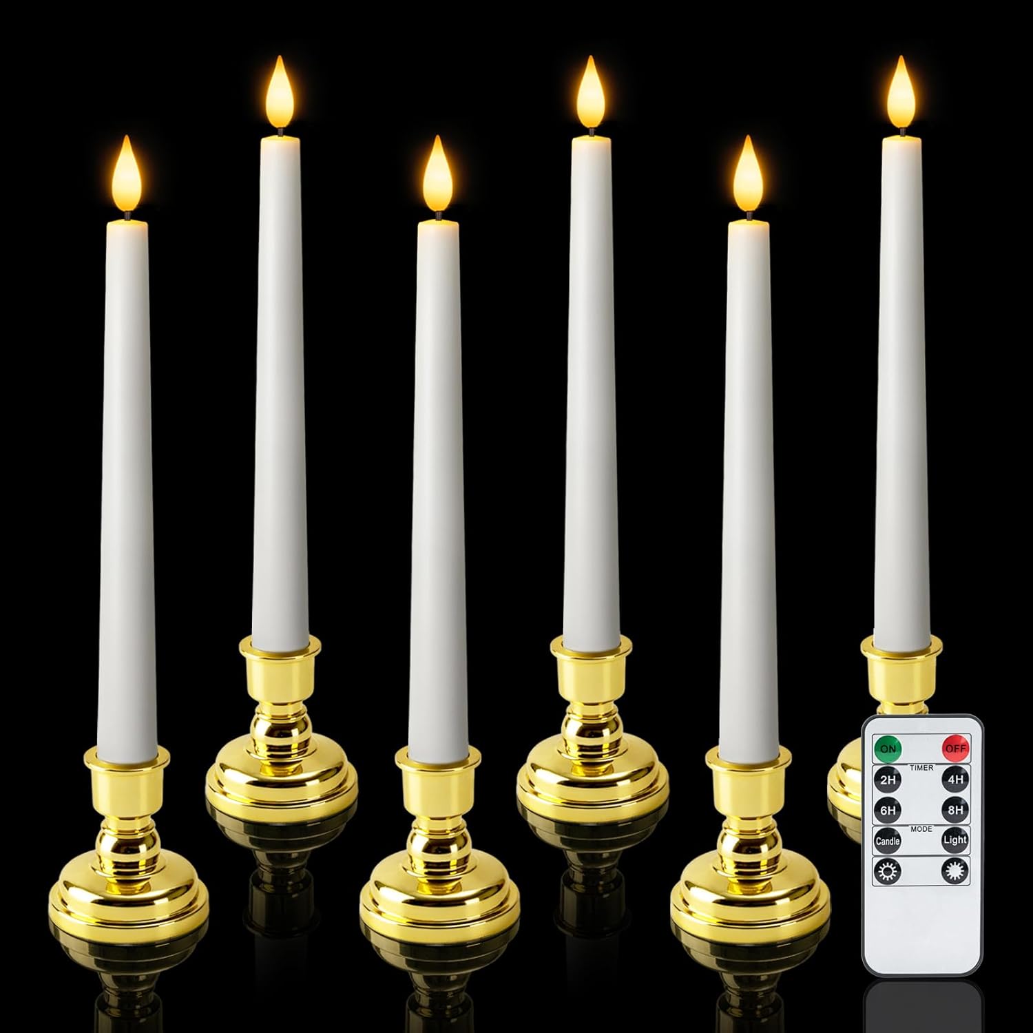 6 pcs window candles with gold holders, flameless taper candles with remote and timer, white led christmas candle for home window holiday xmas decor white 6pcs with holder