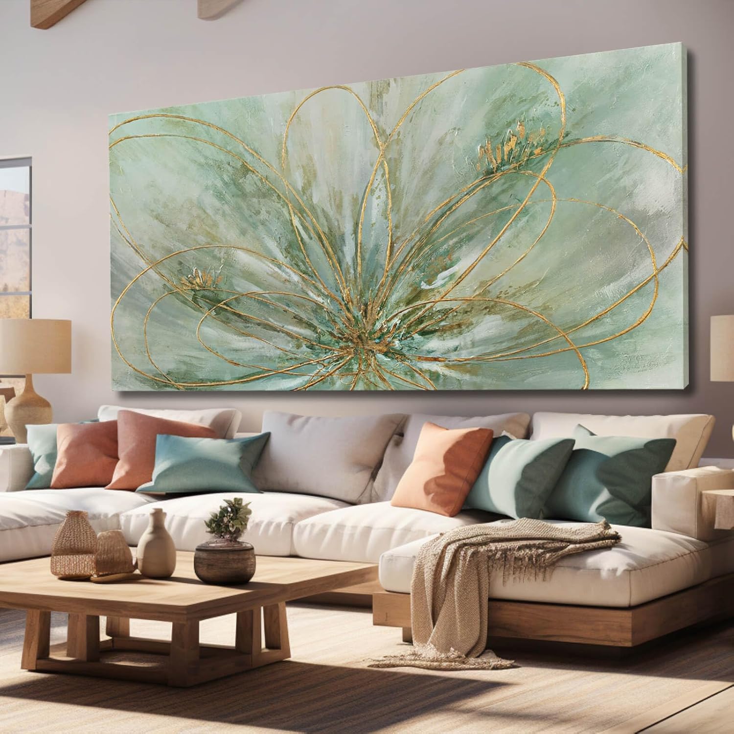 YJYart Abstract Wall Art Green and Gold Hand Painted Oil Painting Blossom Botanical Large Picture for Living Room Bedroom Kitchen Office 30x60 Inch YJYart Abstract Wall Art Green and Gold Hand Painted Oil Painting Blossom Botanical Large Picture for Living Room Bedroom Kitchen Office 30x60 Inch