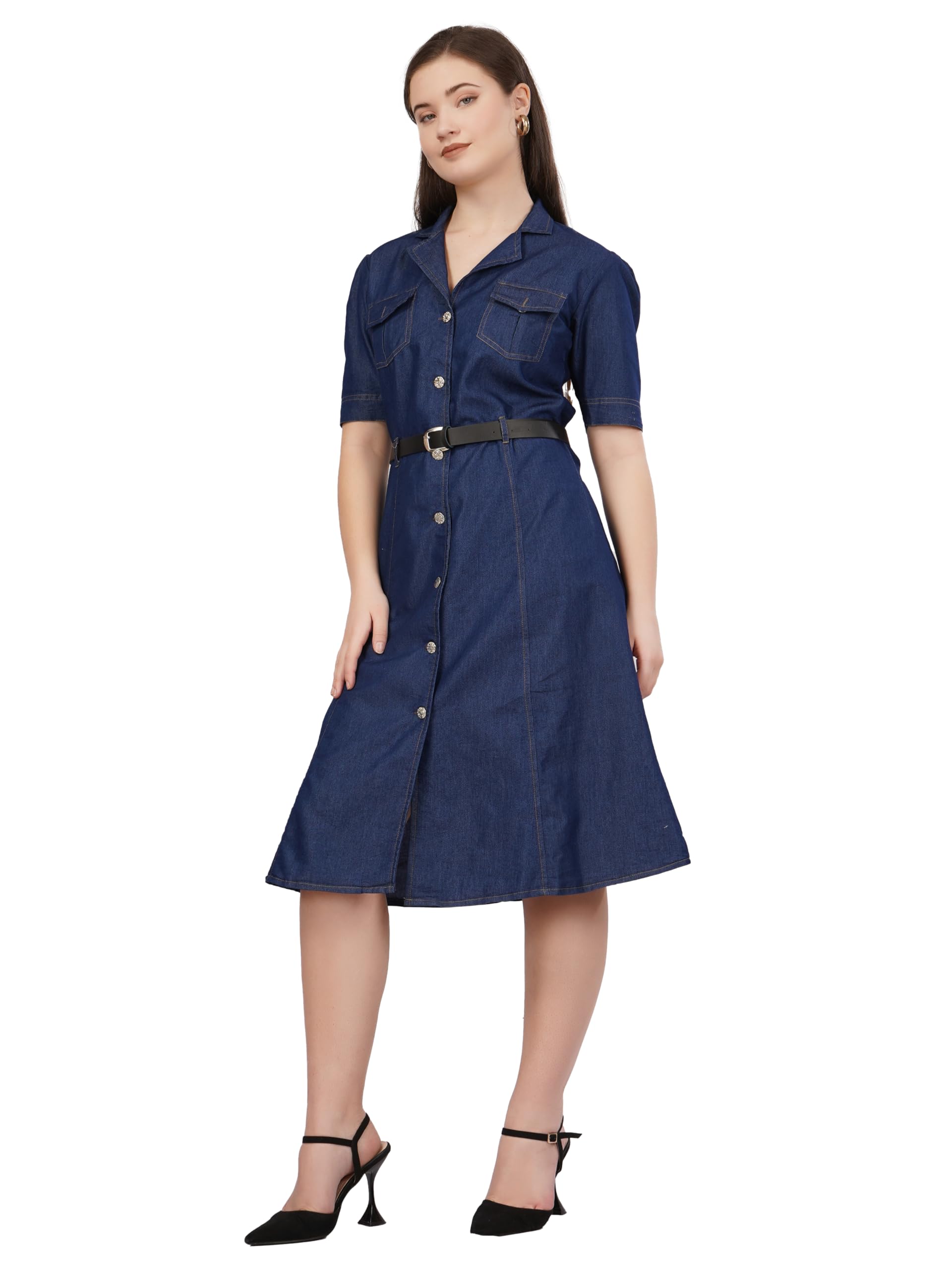 Silky Denim Long Dress | Dark Blue | Half Sleeve | Button-Down Midi Dress with Belt | Premium Denim | Casual, Office-image-42