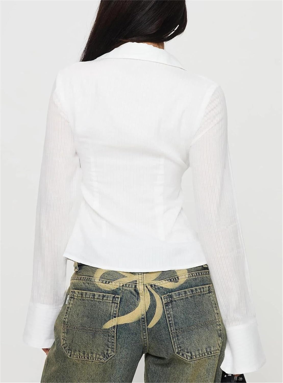 Women Long Sleeve Slim Button Up Shirt Solid Color Y2K Button Down Blouse Vintage Slim Fitted Collared Dressy Top - Image 5