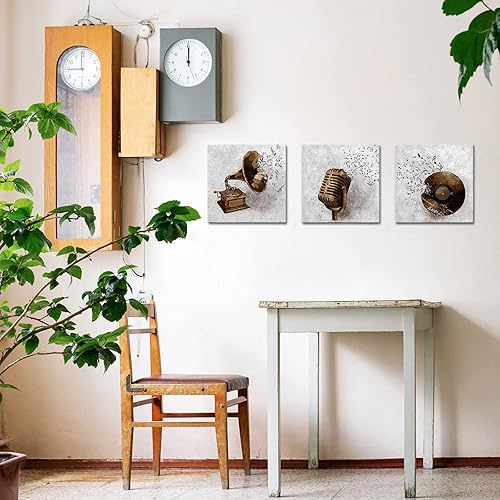 Miniatura 4 de Derkymo 3 piezas de lienzo de música vintage, arte de pared, grabación, fonógrafo, micrófono, pintura, impresiones de notas musicales voladoras,