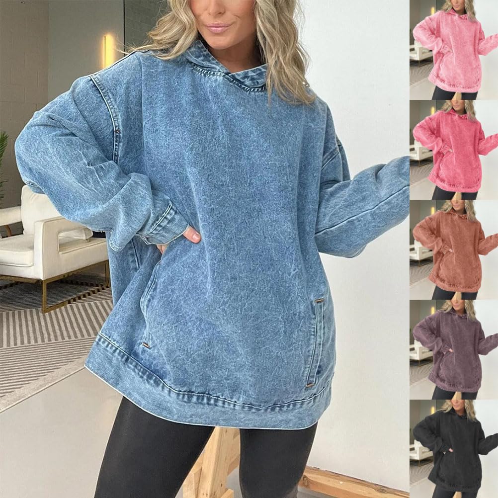 Onsoyours Felpa con Cappuccio di Jeans da Donna Elegante Felpa Oversize Maniche Lunghe Maglione Inverno Sport Maglie Primaverili Donna con Tasche