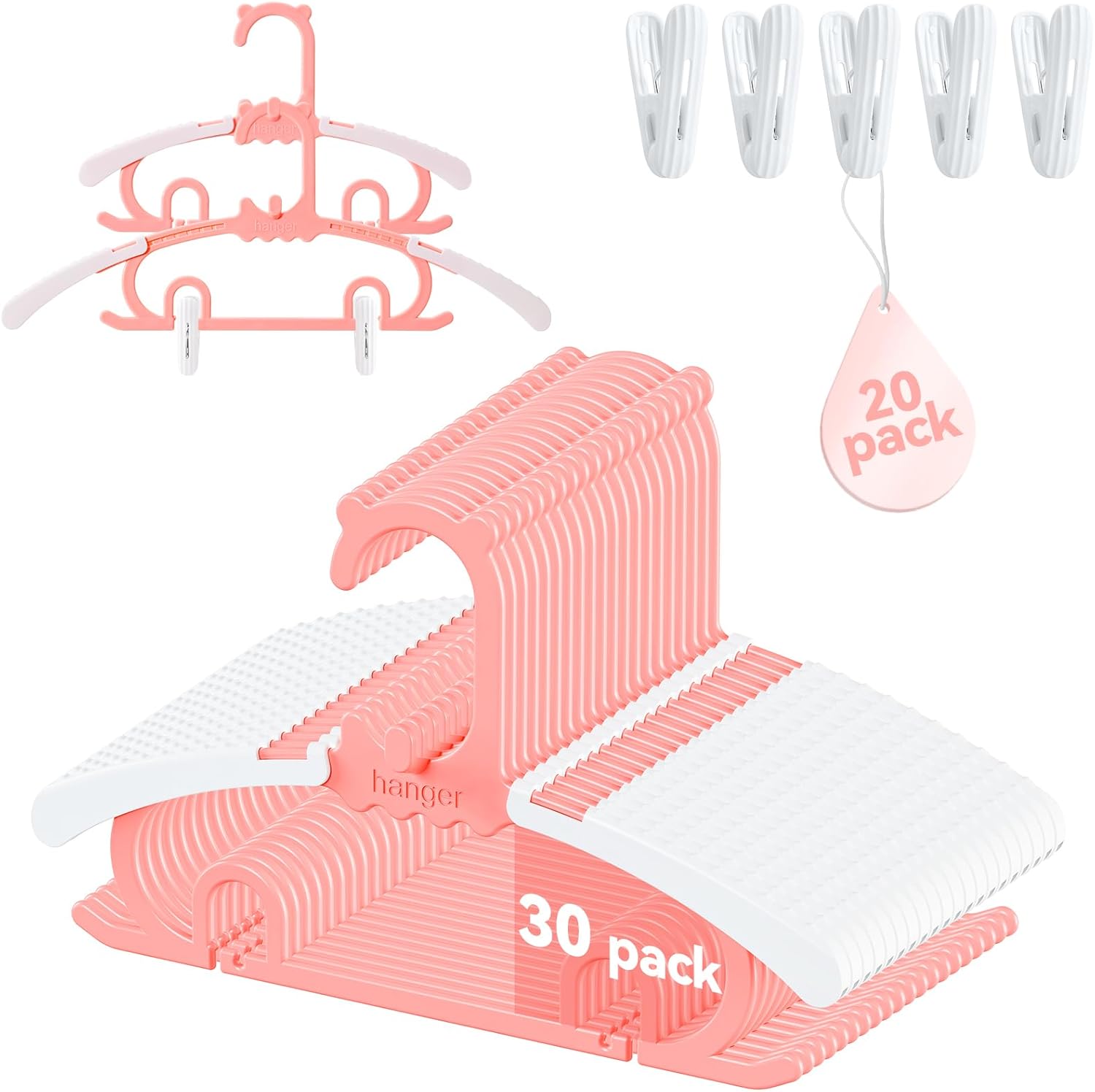30 Pack Baby Hangers,with 20 Detachable Clips Adjustable 11.14″-15.55″, Stackable Kids Closet Hangers, Two Bottom Grooves for Secure Clip Placement.Fits Newborns,Toddlers, Children & Teens(Pink)