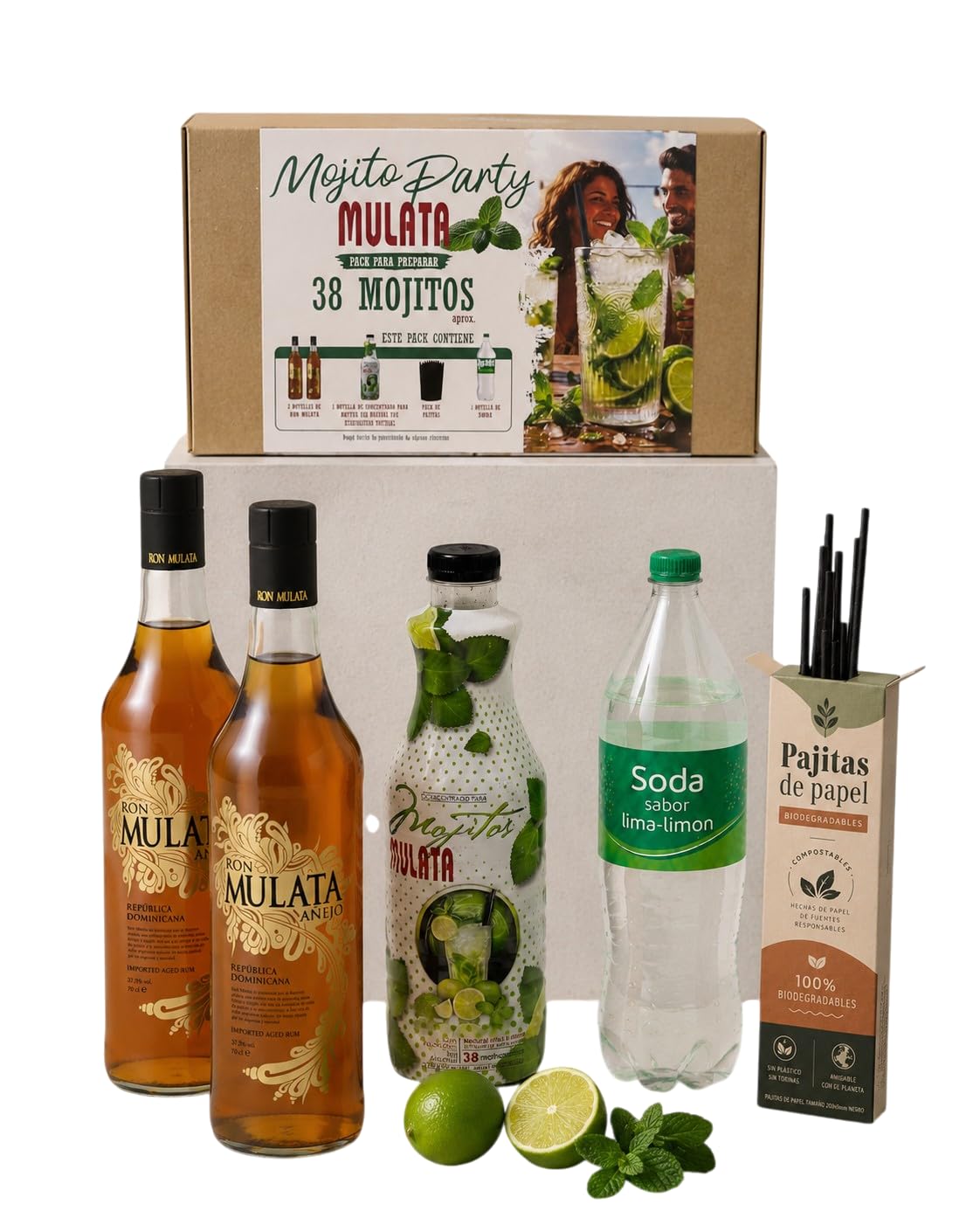 Pack Mulata Mojito Party - Kit para 38 Mojitos con y sin Alcohol en Minutos - Incluye 2 botellas Ron Mulata, 1 botella Concentrado Natural de Mojito, Caja de Pajitas y 1 Botella Soda