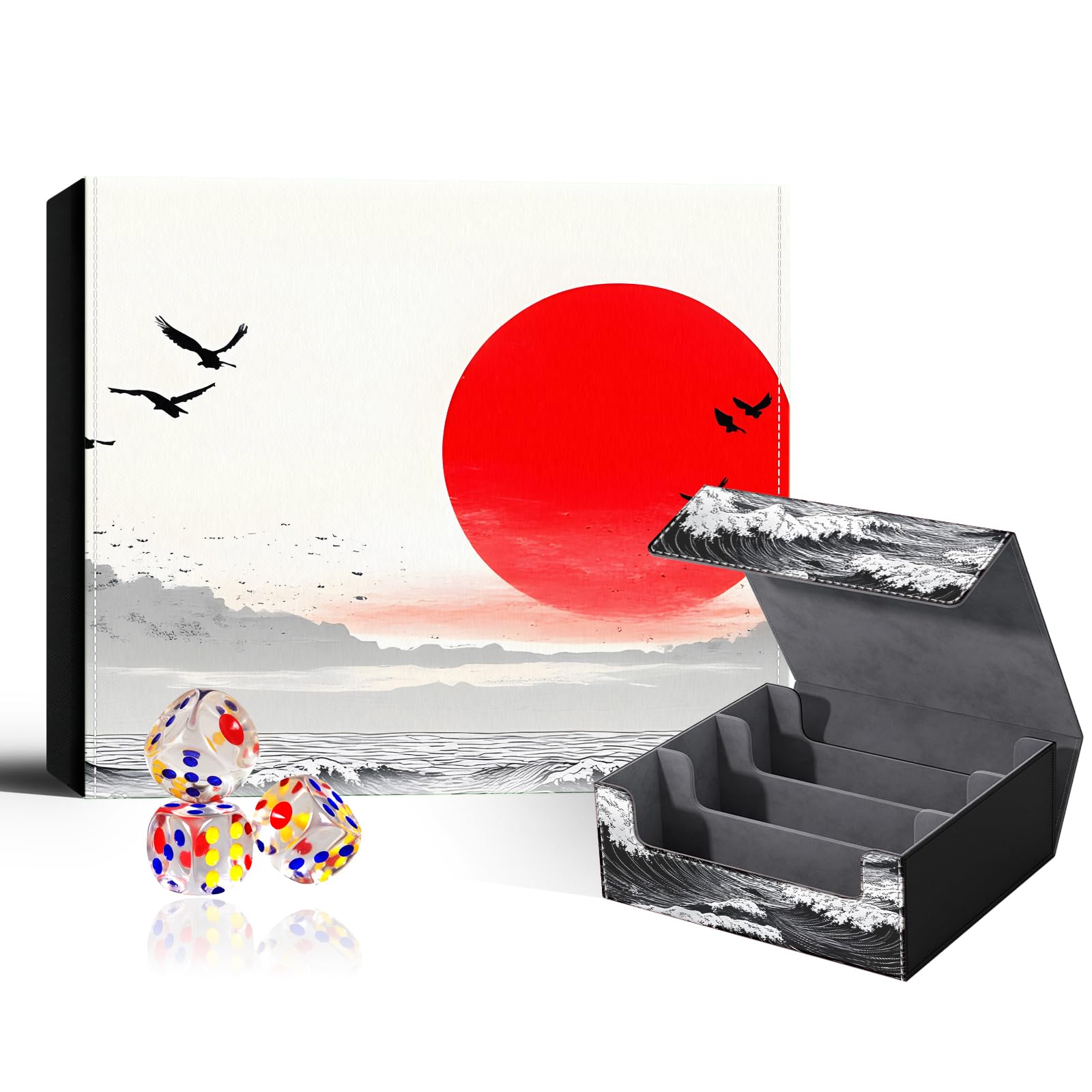 VOGDMKJG Trading Card Deck Box Fit 1800+ Single Sleeved Cards,PU Leather Magnetic Closure Card Storage Box With 3 Dice For MTG/TCG/PTCG/Magic Card Storage Case Large 3 ROW Design Black White Waves