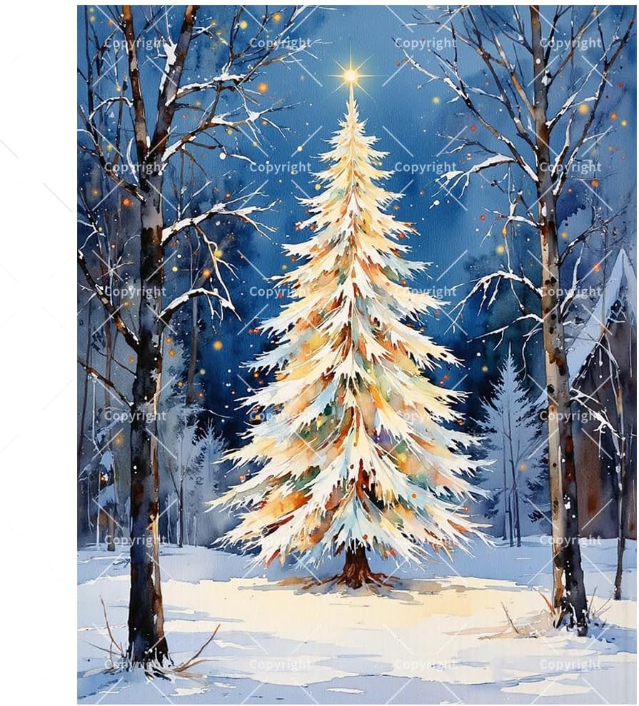 Holiday Scene Paint by Numbers Kit for Adults - DIY Christmas Tree in Snowy Forest Night Painting on Canvas, Acrylic Paint Set, Suitable for Beginners, Art for Home Decoration or Gifts(8X12IN Framed)