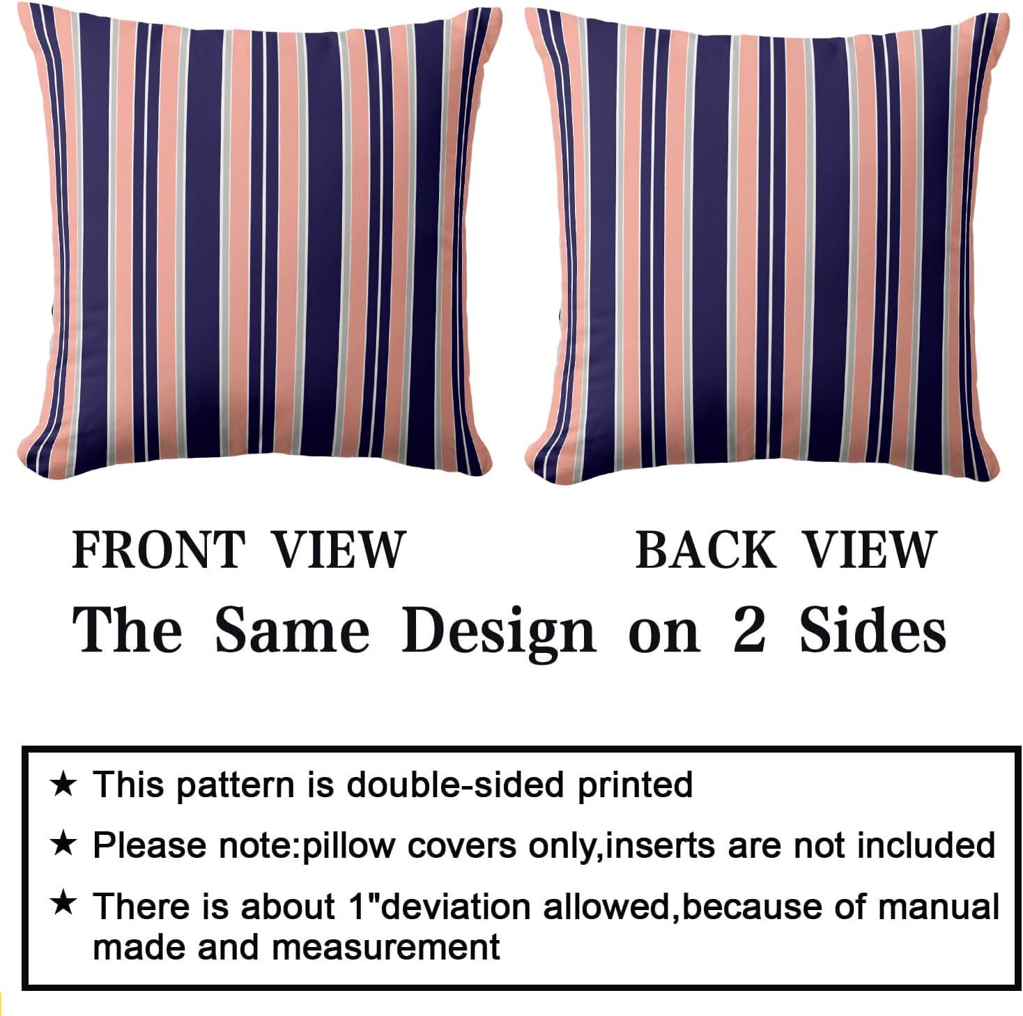 Navy Coral Stripes Outdoor Pillow Covers 20 x 20inches Decorative Pillow Case for Sofa Couch Bed (Pillow Insert Not Include)