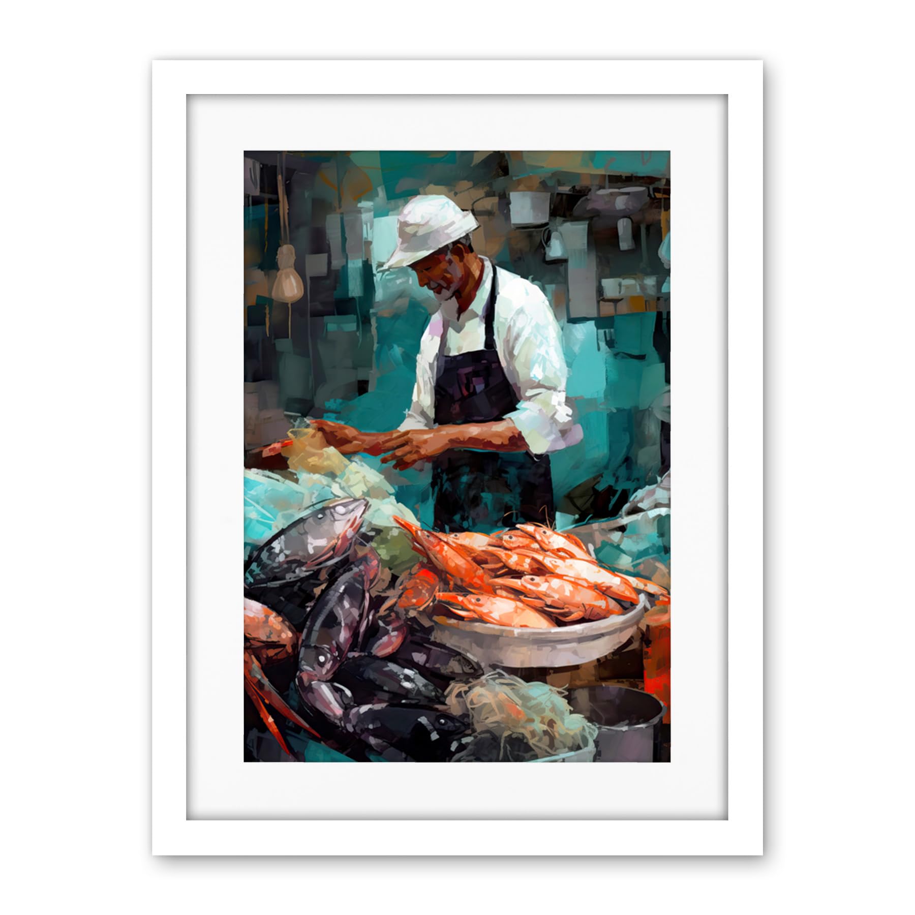 Artery8 Market Fishmonger Selling Fresh Catch Seafood Artwork Framed Wall Art Print 18X24 Inch