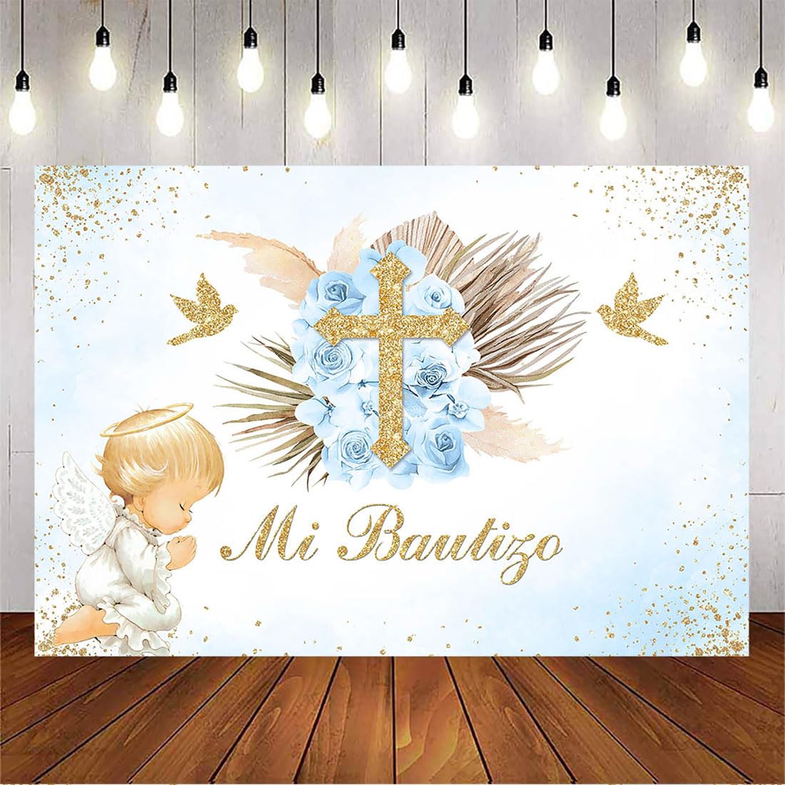 Avezano Mi Bautizo Backdrop Boho Baptism Party Decorations for Boy Blue Floral Angel God Bless Photography Background Christening Newborn Baby Shower