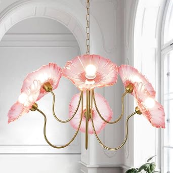 33.4" Modern Floral Glass Chandelier 6-Light | Large Pendant Ceiling Light Fixture with Red Flower Shades, Brass Gold Accents for Living Room, Bedroom, Dining Room