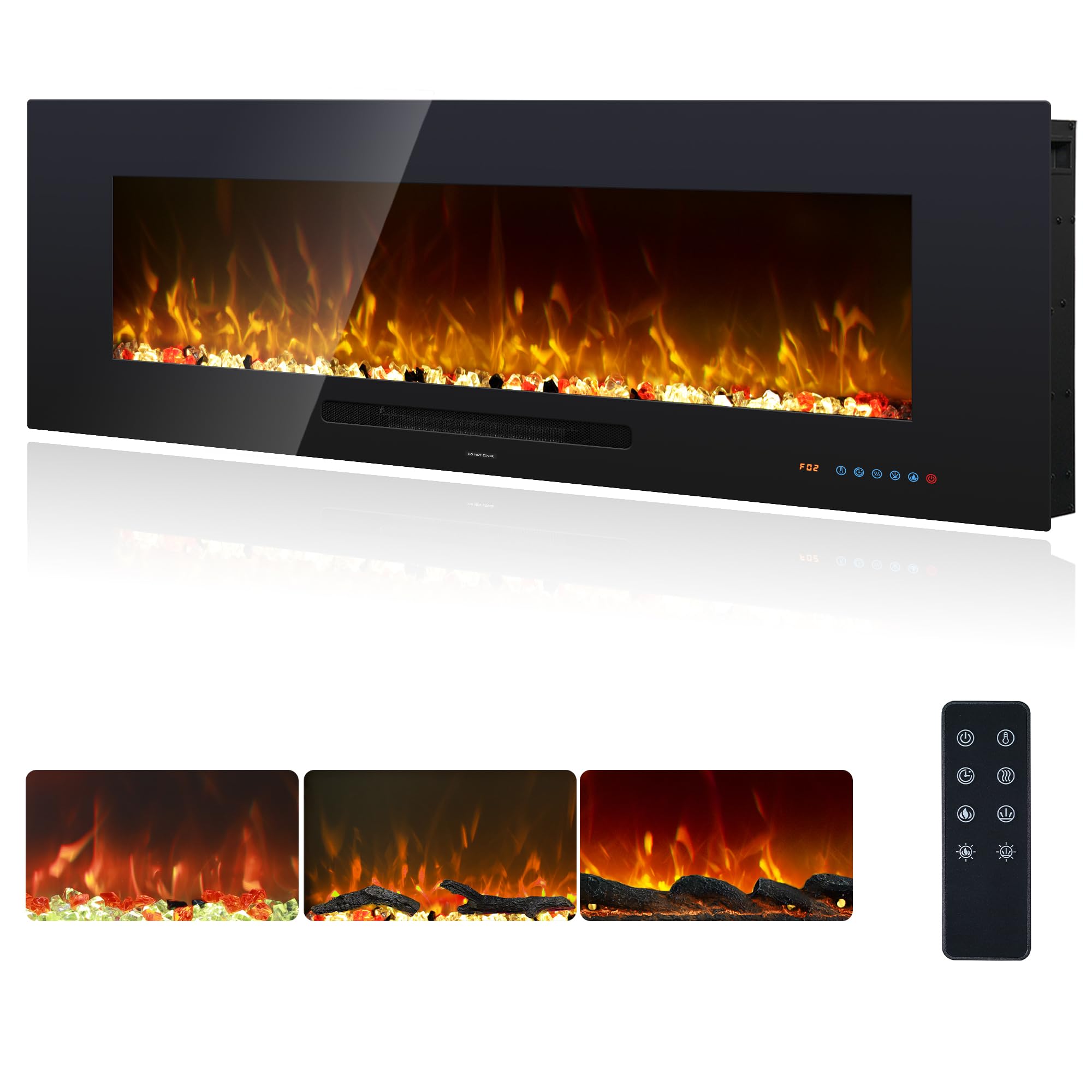 OxharkFlame - Inserto per camino elettrico da incasso, 127 cm, colore: Nero | Camino Elettrico Multicolore Fiamma, 750/1500W Termostato, Timer, Telecomando Touch Screen, Protezione Surriscaldamento