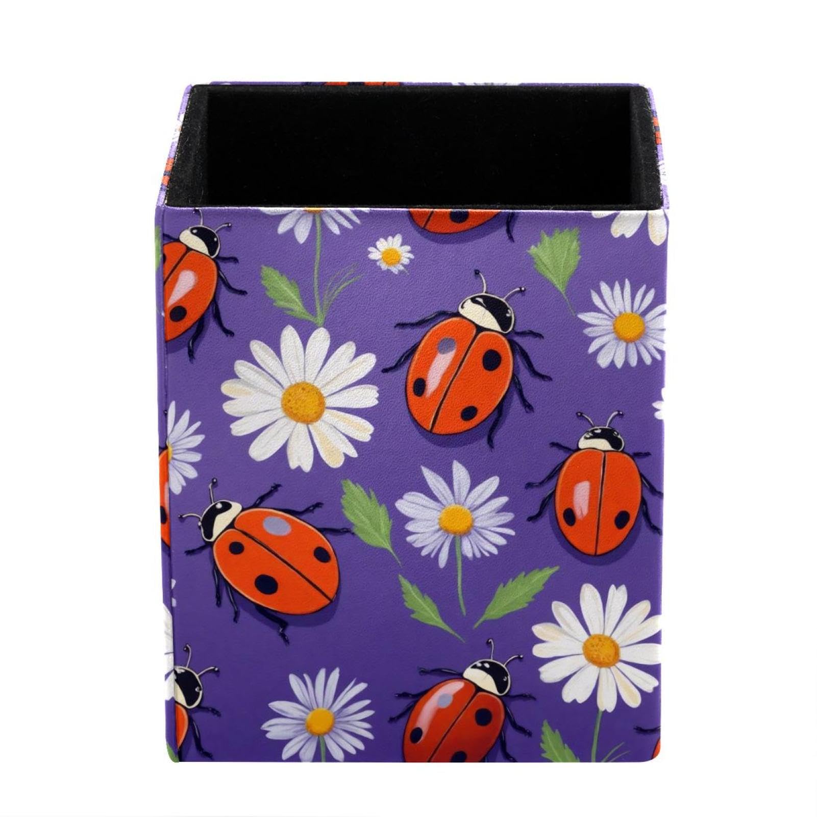 FWJZDSP Pen Pencil Holder for Desk, Ladybugs Daisies Purple Desk Pen Organizer Desktop Supplies and Accessories for Women Girls, Pen Cup Pencil Caddy for Office Home Art Supply