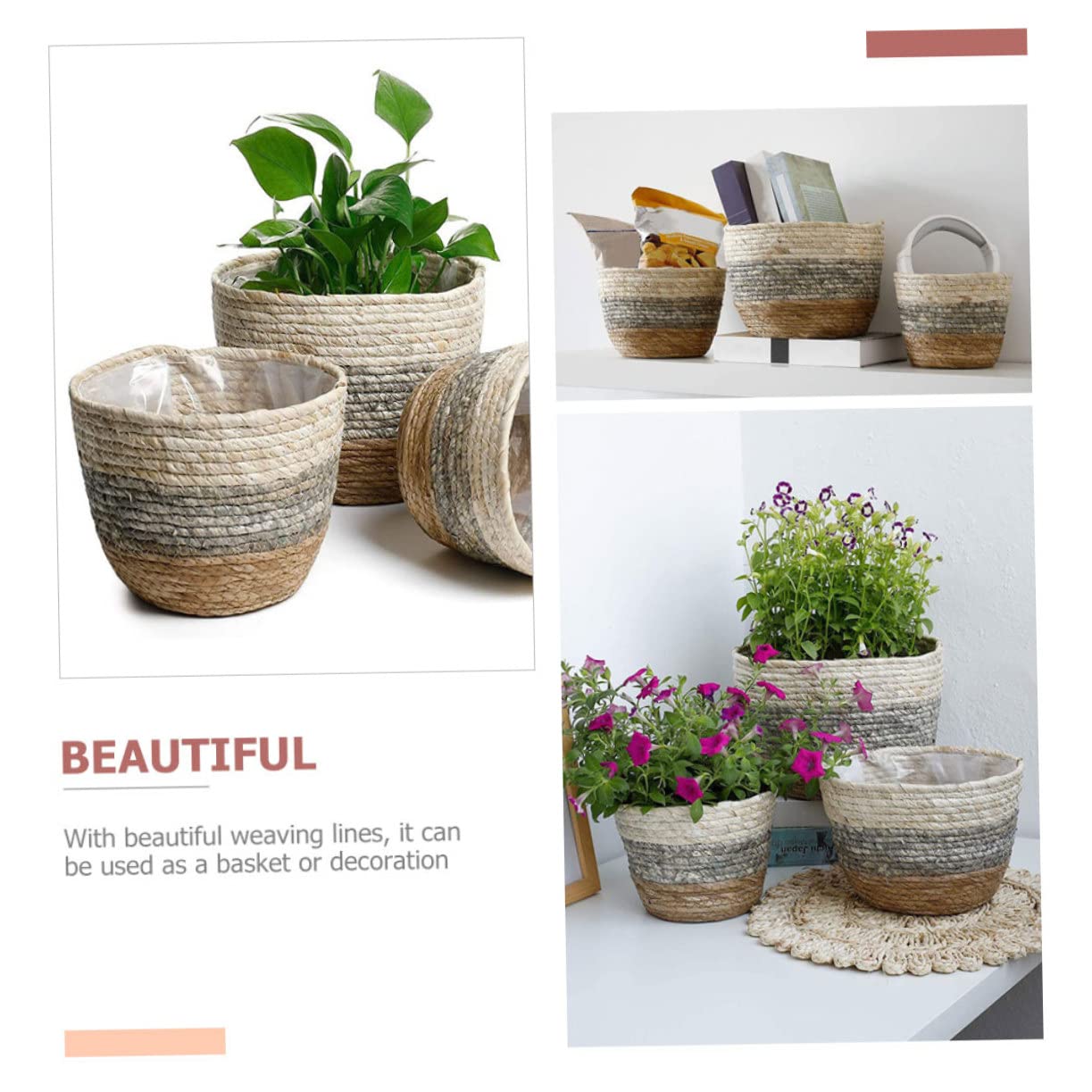 Lot De 2 Paniers De Fleurs Tressés XL Gris, Pots De Jardin en Paille Naturelle, Décor Rustique pour Intérieur Et Extérieur, Paniers Multifonctions Légers Et Décoratifs