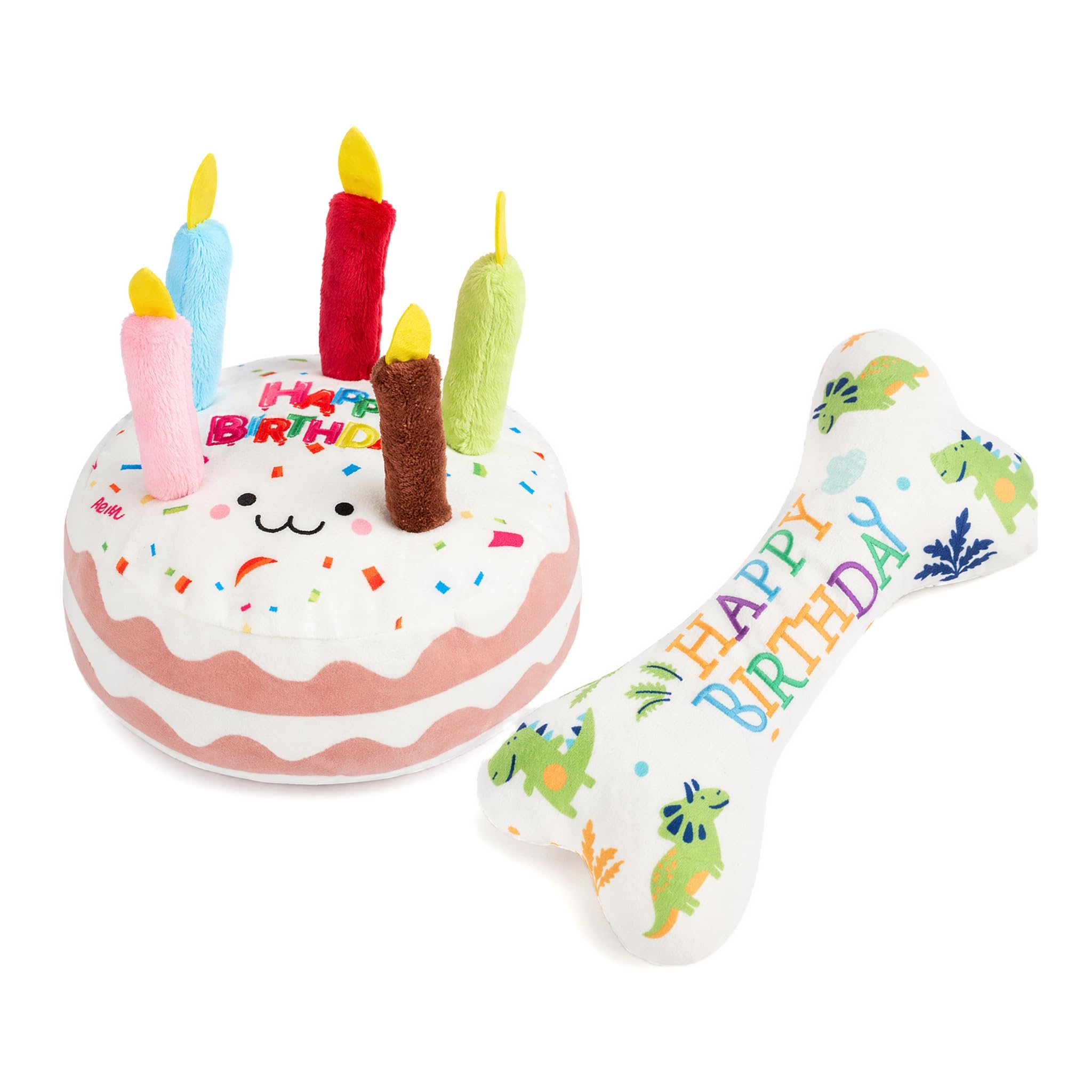 Mtbricey 2Pcs Dog Birthday Toy Plush Squeaky Dog Birthday Cake Chew Bone Soft PP Cotton Filled Puppy Present Gotcha Day Gift Interactive Noise Making Pet Party Favor Non Toxic Gentle Chewer Plushies
