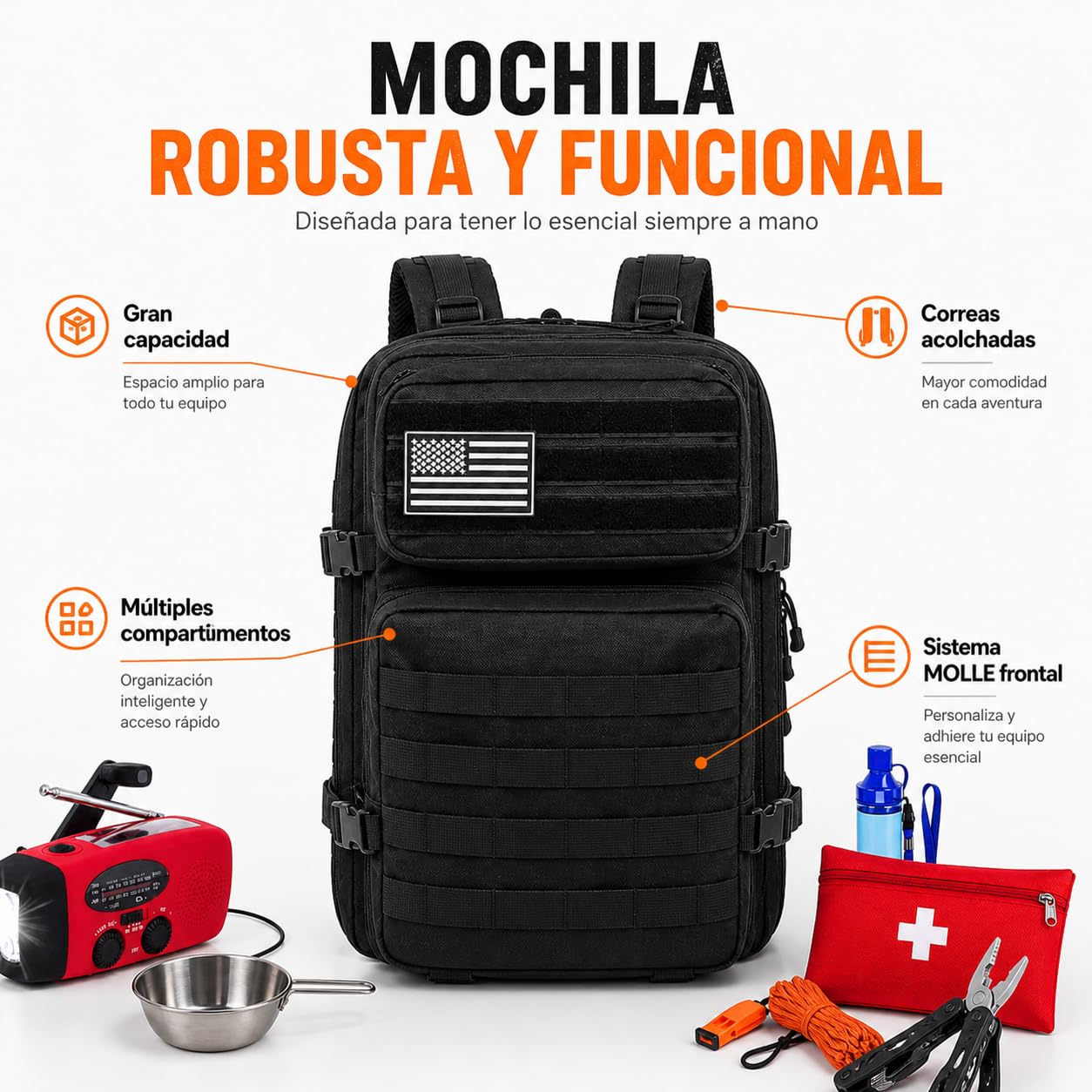 Mochila de Emergencia Equipada 72 Horas – Kit de Supervivencia UE con Comida Liofilizada, Radio Solar y Dinamo, Filtro de Agua y Primeros Auxilios – Mochila 50L Preparación Hogar y Evacuación