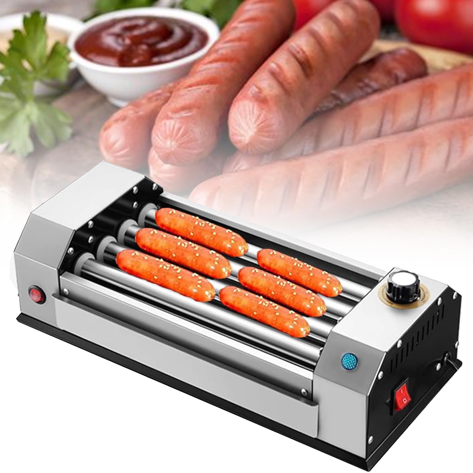 Máquina de rodillos para perros calientes con temperatura ajustable y bandeja de aceite extraíble para uso comercial y doméstico