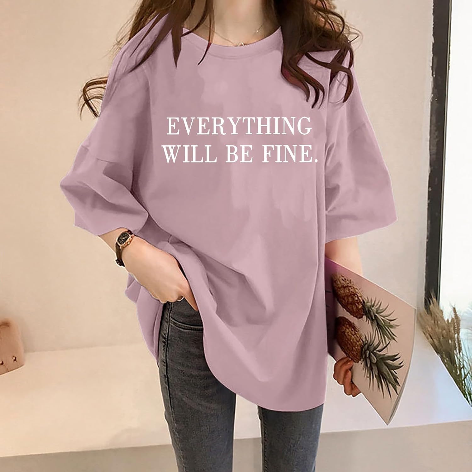 Povozer レディース Tシャツ ビッグシルエット 丸首 白tシャツ カジュアル おしゃれ 大きいサイズ