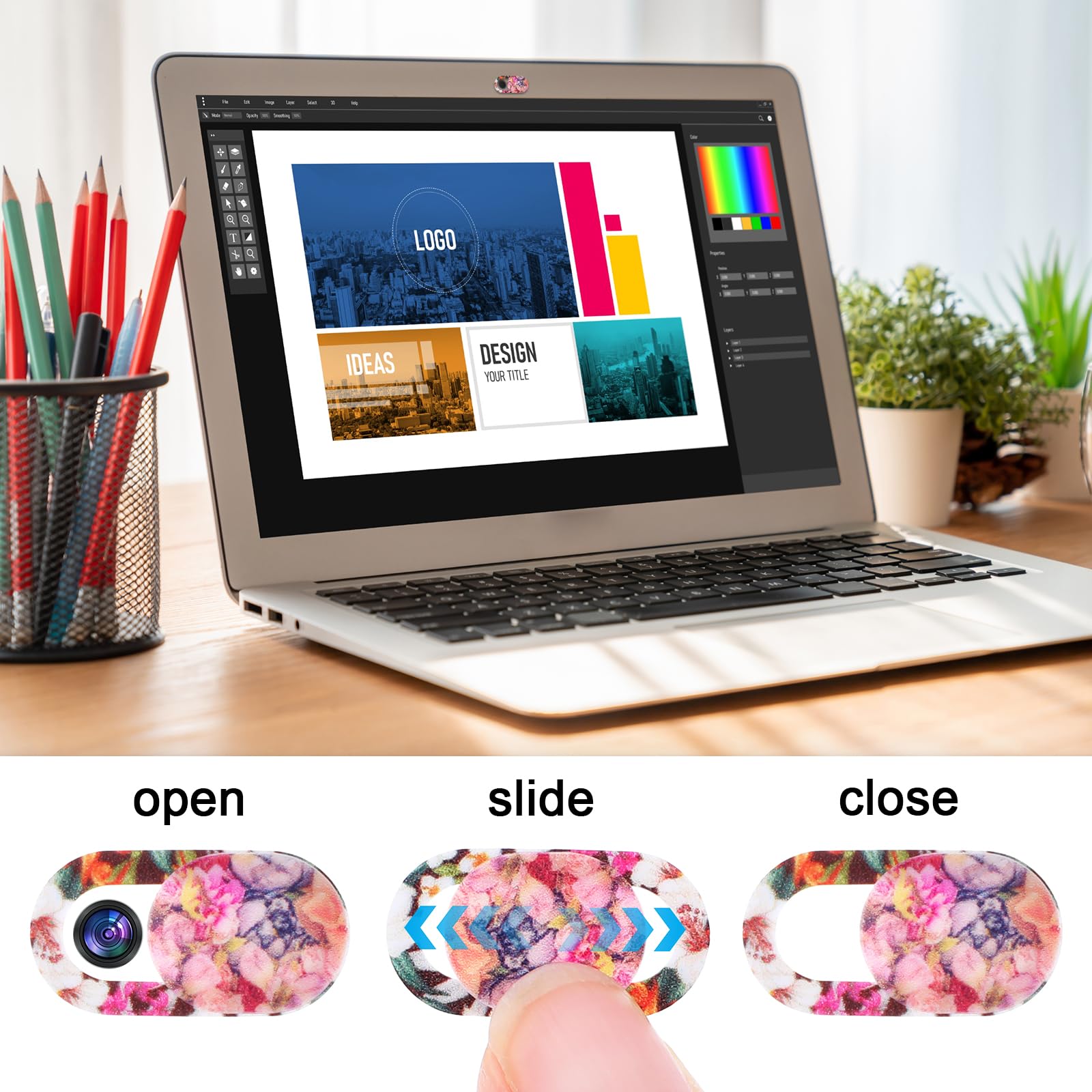 JIEYAO 6-częściowy zestaw osłon na kamerę na laptopa ze słodkim kwiatowym wzorem, ultracienka osłona kamery internetowej, osłona kamery telefonicznej, blokada przesuwna, suwak pasujący do laptopa,