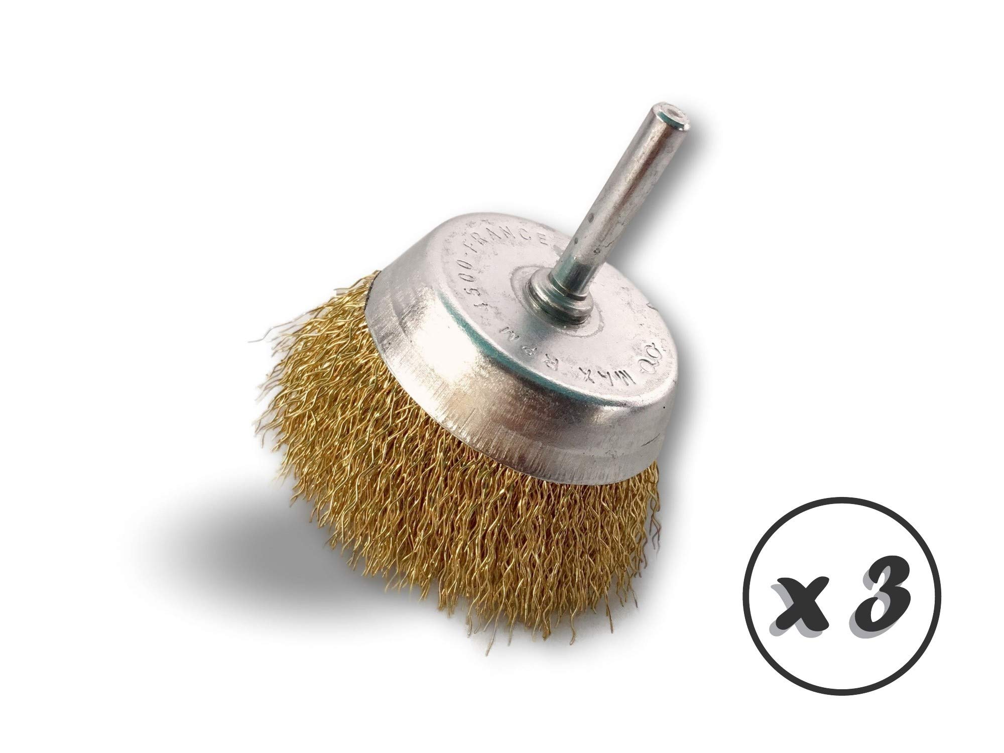 Metalowa szczotka obrotowa do cięcia Ø 75 mm | Zestaw 3 | Na pręcie Ø 6 mm | Drut mosiężny Ø 0,30 mm twardy | Do wiertarki lub wkrętarki z uchwytem | Kibros 2575LTx3