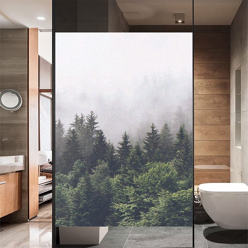Privacy Window Film Forest Landscape Decorative Sun Blocking Static Cling Window Coverings Opaque Glass Sticker for Home Bathroom Heat Control W31.5 x H59.1(80x150cm)