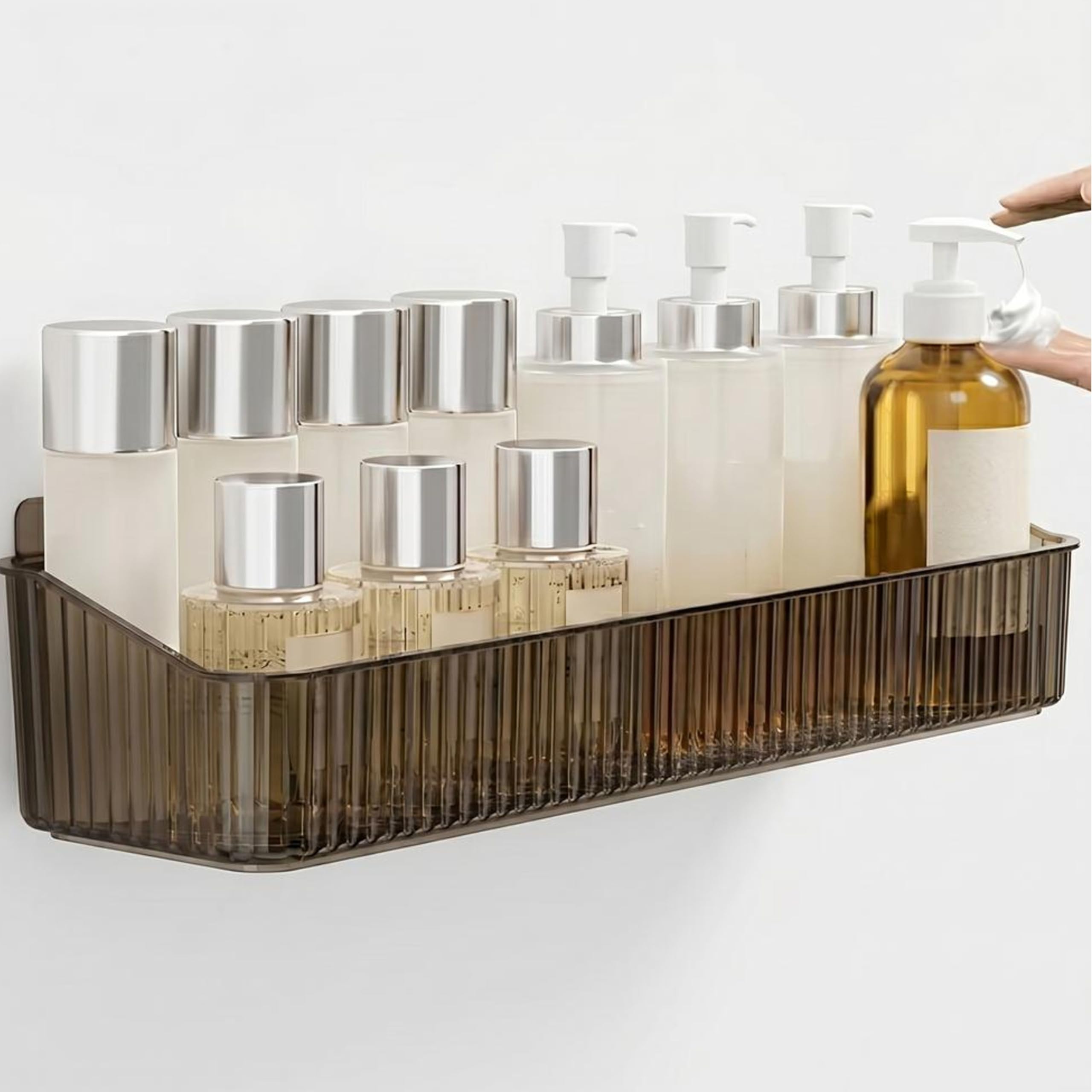 HRK Wall-Mounted Bathroom Shelf Organiser, 29x9x7 cm, Smoky Brown | No-Drill Adhesive, Ribbed Texture Design, Shampoo & Toiletry Storage, Transparent Plastic, Shower Caddy-picture-10