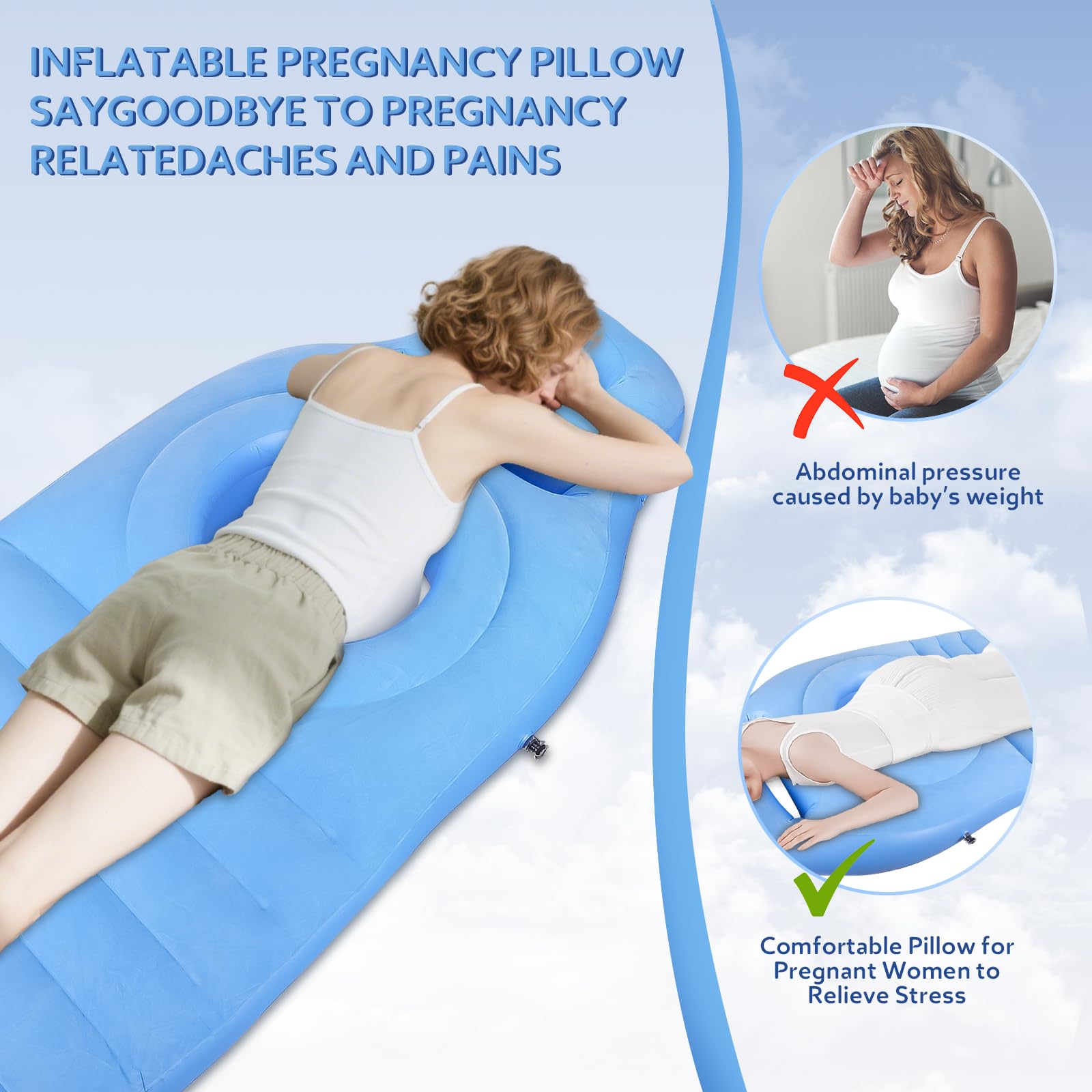 Almohada Inflable para Embarazadas, Esterilla de Yoga con Orificio, Cómoda Cama de Aire Flocada, Esterilla para Tumbarse Boca Abajo, Soporte Corporal Completo para Aliviar el Dolor(Azul)