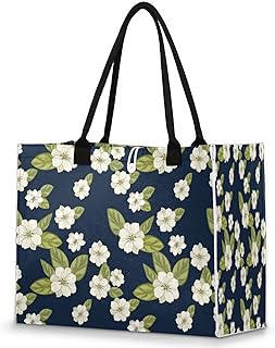 Bolsa feminina - flor branca reutilizável sacolas de compras de supermercado com alças folhas verdes grande bolsa de praia bolsas de ombro bolsas de trabalho bolsas de mão resistentes para praia, compras, trabalho, viagens, Multicolor