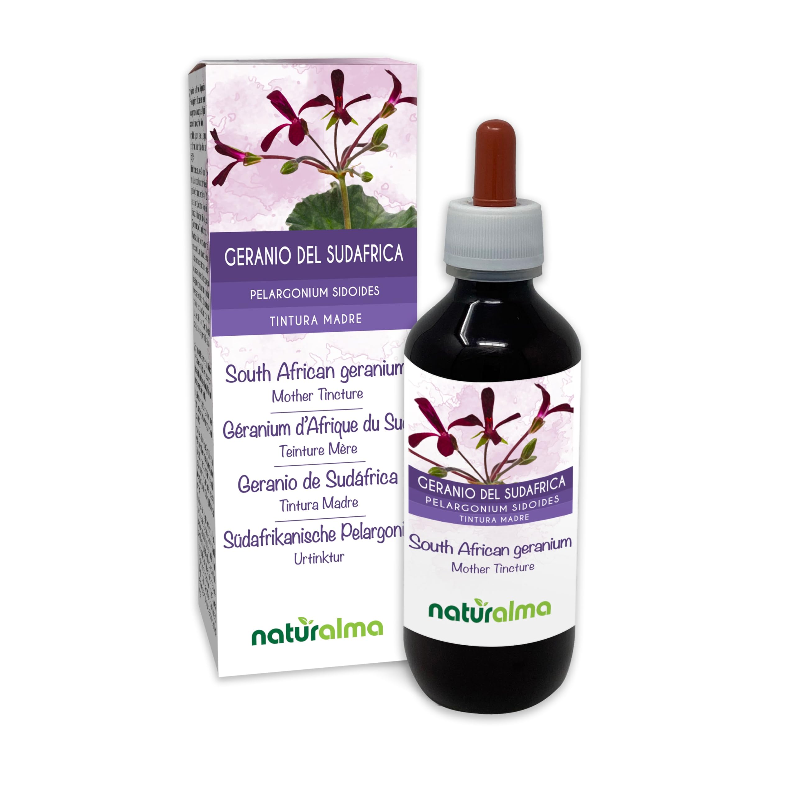 Geranio de Sudáfrica (Pelargonium sidoides) raíces Tintura Madre sin alcohol Naturalma - Extracto líquido gotas 200 ml - Complemento alimenticio - Vegano