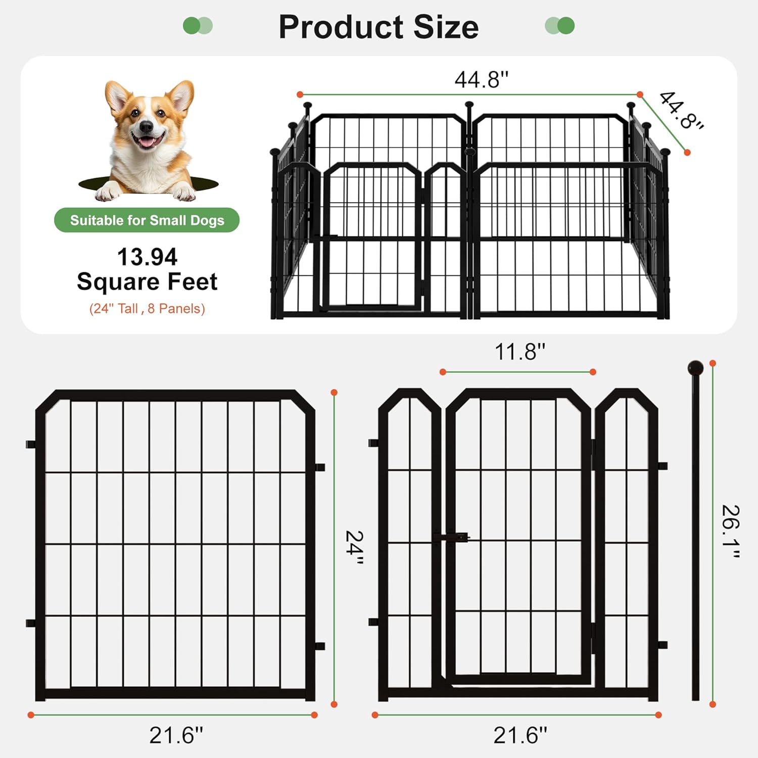 Dog Playpen for Indoor & Outdoor, 24 inch 8 Panels Metal Puppy Playpen for Puppies/Small Dogs, Portable Pet Fence for Yard, Camping, Travelling, Black
