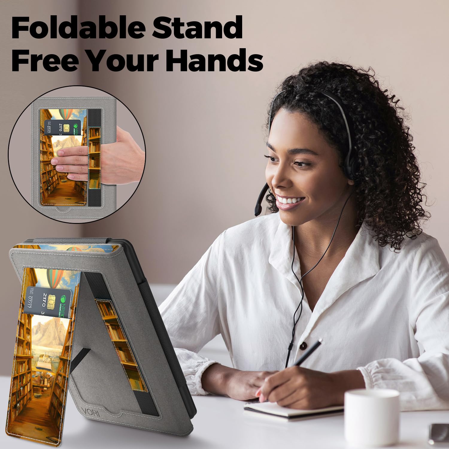 VORI Stand Case für Kindle Paperwhite (11th Generation-2021) und Kindle Paperwhite Signature Edition, PU Leder Case Smart Schutzhülle mit Auto Wake/Sleep und Handschlaufe (Bibliothek)