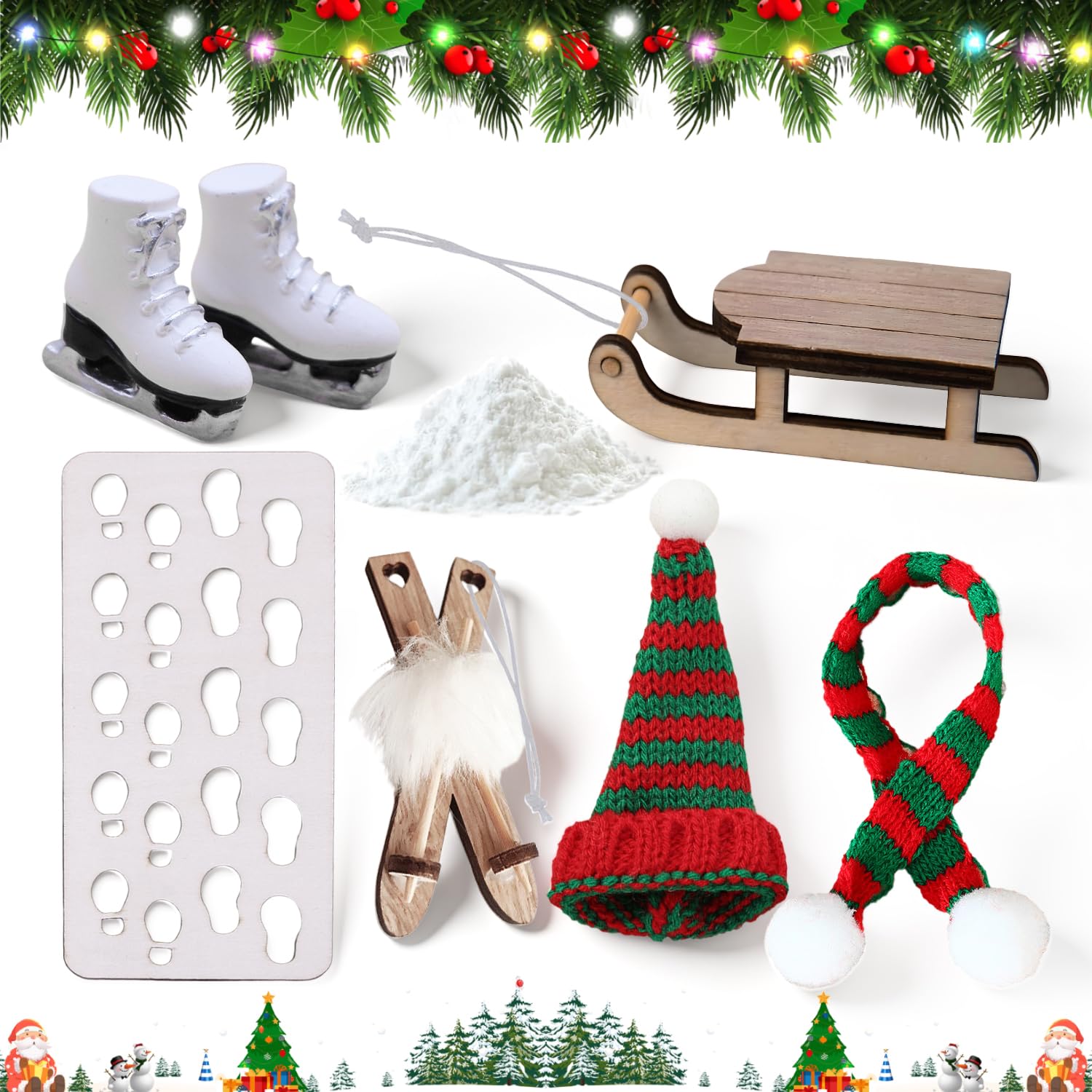 Toddmomy 1 set di attrezzatura da sci in miniatura per bambola da 17 cm - Piccolo snowboard con scarponi da sci e occhiali da sci da gioco Mini sci antivento per giocare