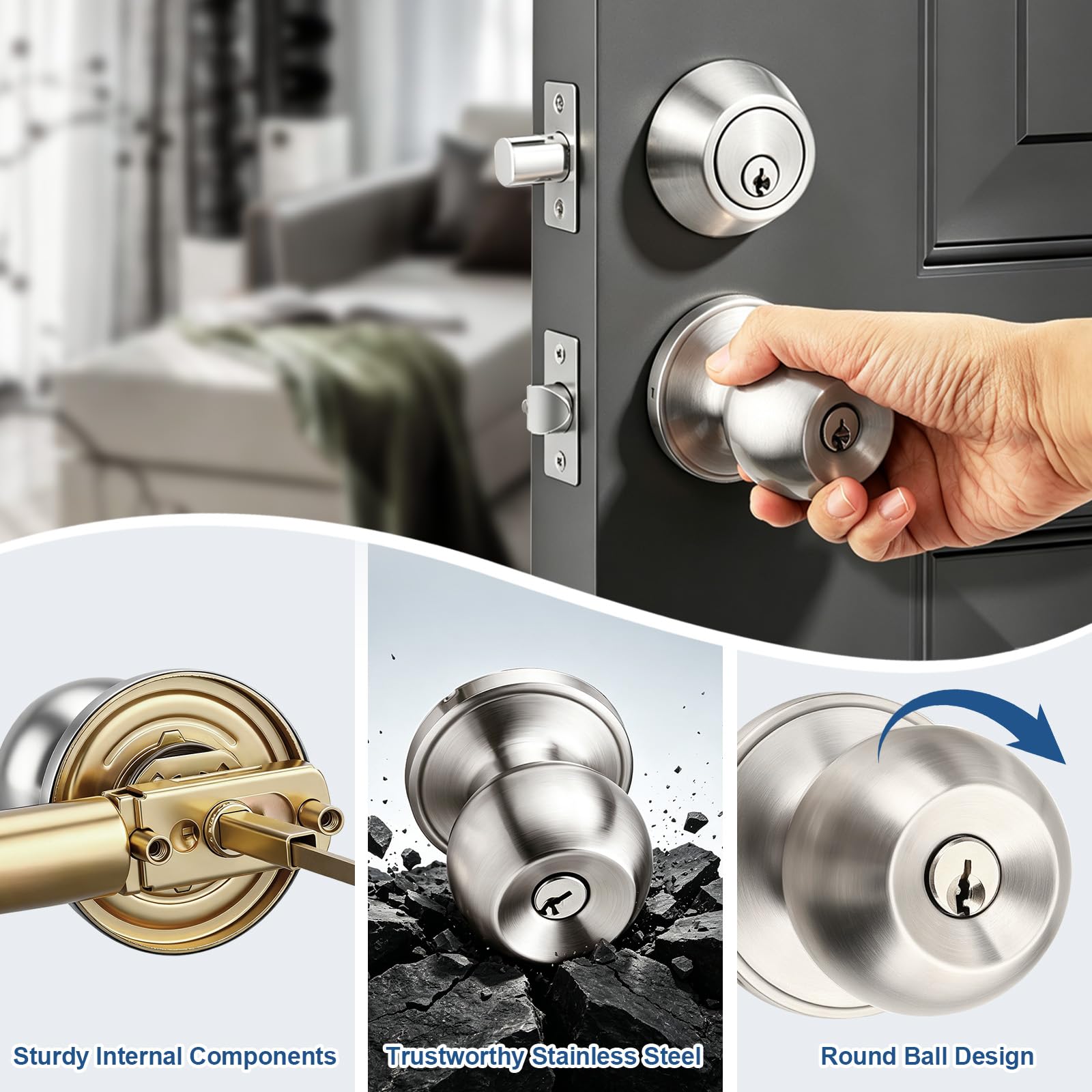 Knobonly 1 pomo de puerta exterior con llave igual, cerradura redonda para exteriores con cerrojo de una cara, níquel satinado, acero inoxidable