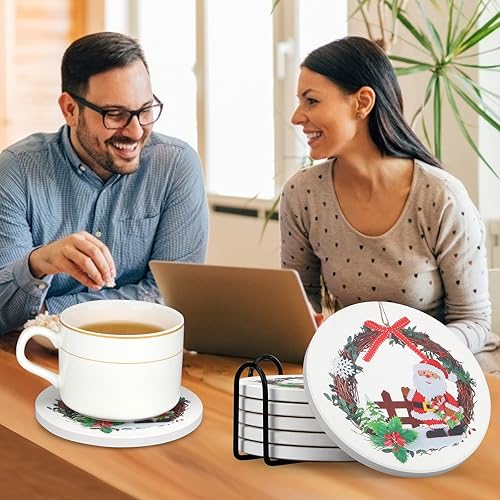 Miniatura 7 de Juego de 6 posavasos de cerámica para Navidad con soporte, ideal para regalo, posavasos redondos de Papá Noel, juego de posavasos de mesa vintage