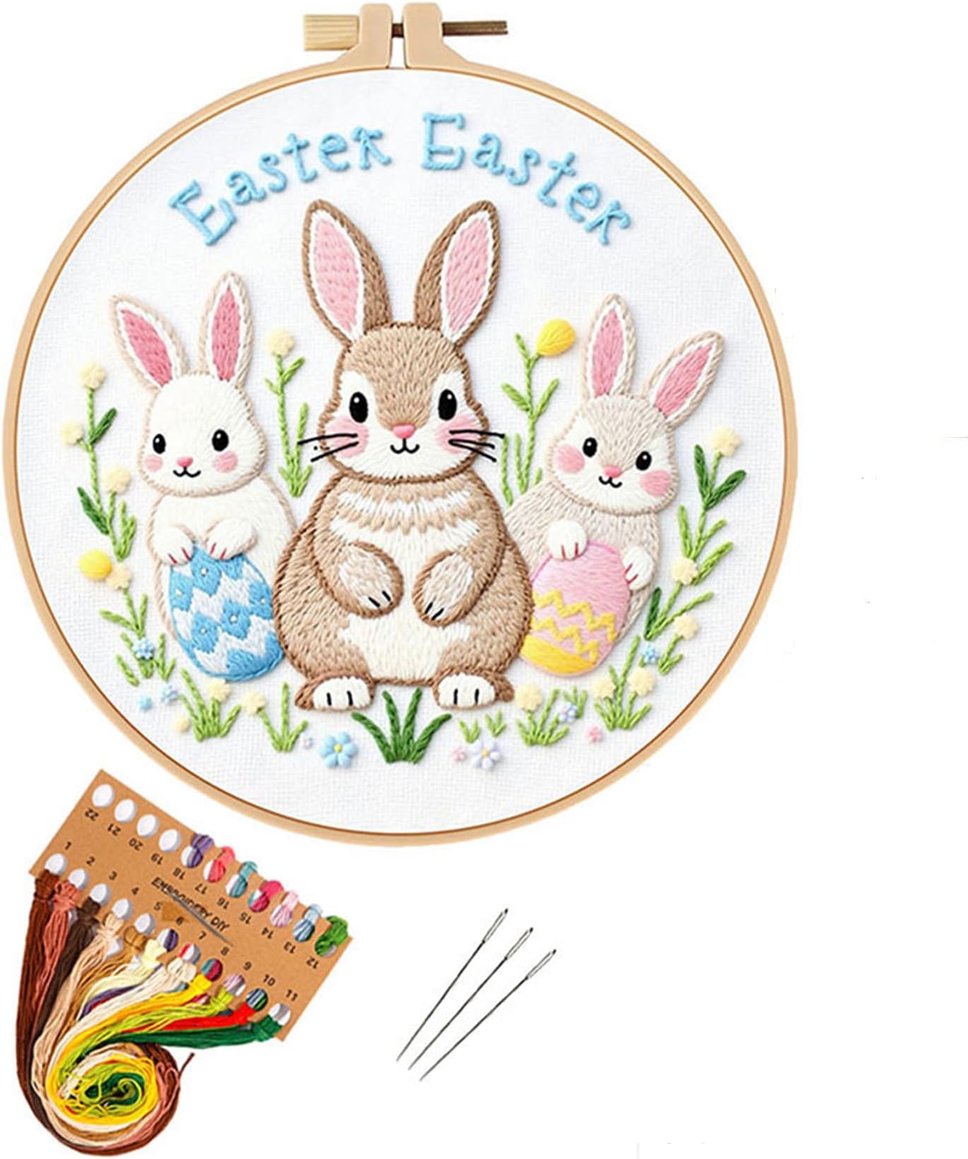 Easter Bunny Embroidery Kit for Beginners Adult, 3D Rabbit Needlepoint & Cross Stitch DIY Craft Kit with Stitch Book, 7.9 Inch Hoop, Threads and Patterns