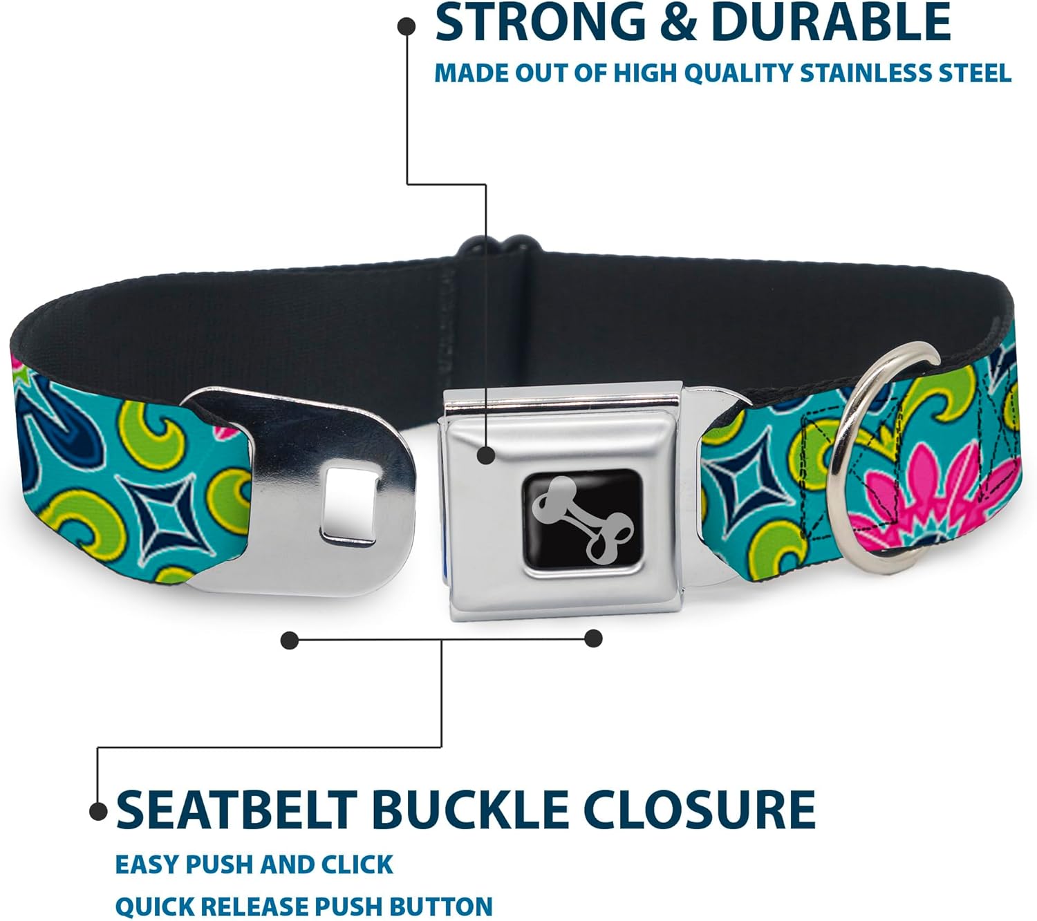 Dog Collar Seatbelt Buckle Floral Burst Turquoise Blues Pinks Yellow Green 11 to 17 Inches 1.0 Inch Wide