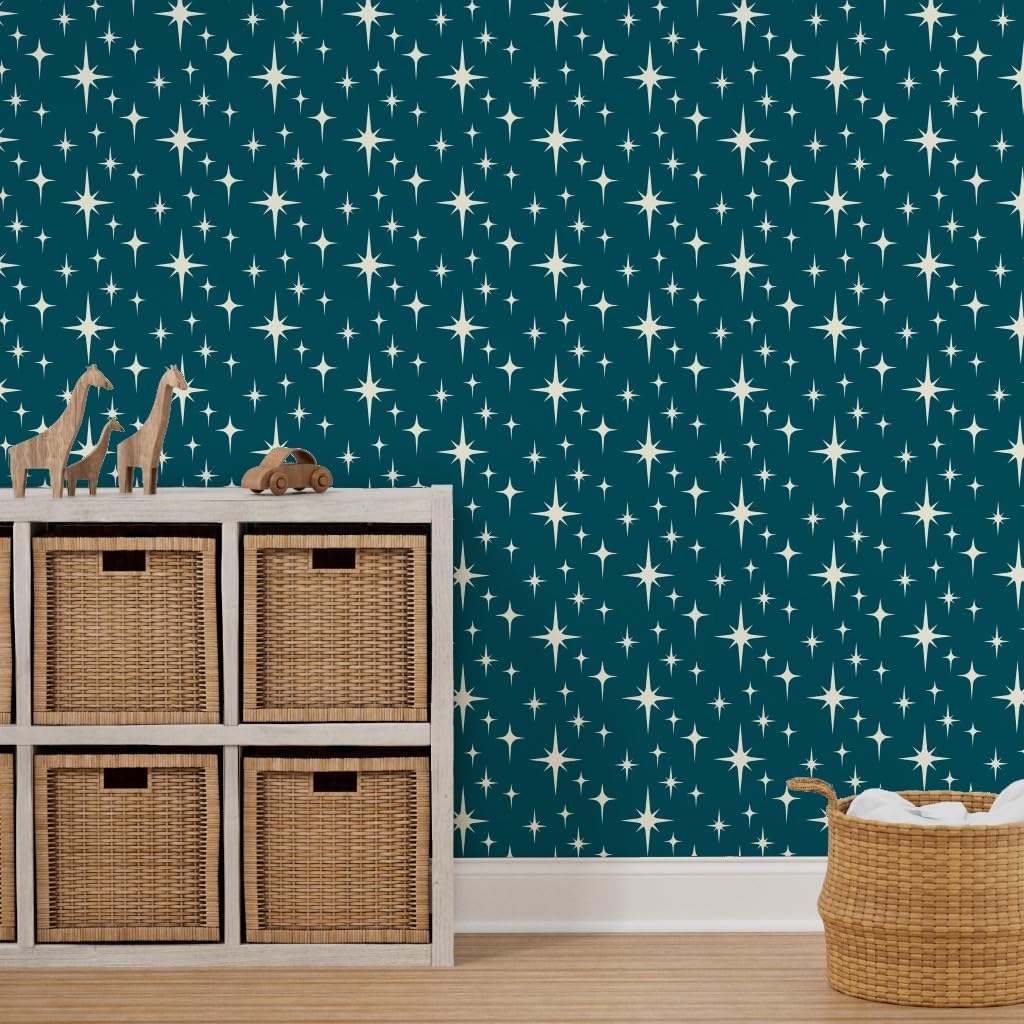 Peel & Stick Wallpaper 3ft x 2ft - Mid Century Modern Atomic Teal Vintage Retro 1950S Custom Removable Wallpaper by Spoonflower